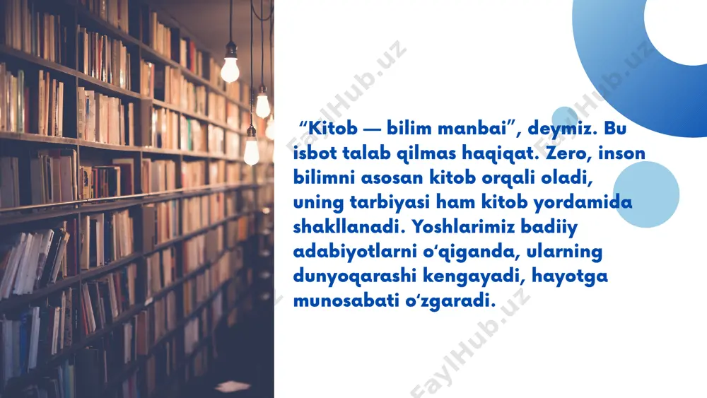 adiblarning siymolarini ko‘rib, ular yozib qoldirgan asarlar bilan tanishishga oshiqadi, hatto bog‘ manzarasi ularni sirli bir kitobsevarlik olamiga olib kiradi. bugungi kunda oilaviy kutubxonasi bor yuzlab, minglab yurtdoshlarimiz mavjud. ularning kutubxonalarida shunday noyob, nodir kitoblar borki, ular juda kamyob va yagona nusxada. prezidentimiz farmoyishi asosida o‘tkaziladigan “eng yaxshi kitobxon oila” tanlovi o‘sha nodir asarlarning nafaqat mazkur oila, balki butun jamiyatning ma’naviy mulkiga aylanishiga, ulardan keng jamoatchilikning, soha mutaxassislarining samarali foydalanishiga imkon yaratadi. oilaviy kutubxona faqatgina uyning bezagi, uy egasining ziyoliligini bildiruvchi belgi bo‘lib qolmaydi. darhaqiqat, kimki kitobga ko‘p boqsa, kitob uning zehnini ochadi, zavqini oshiradi, so‘zga chechan qiladi. kitob yolg‘izlikdagi eng munis hamdamdir. kitob insondan hech narsa talab qilmaydi, ammo uni kamolga yetkazadi. kitob odob-axloqning koni, bilimning esa bulog‘idir. xalqimizda shunday ibora bor: “ilmdan bebahra ko‘ngil – ojiz, kitobsiz uy – hamisha qarong‘u”. shunday ekan jamiyatni, ma’naviy muhitni yaxshi va foydali kitobsiz, kitobxon va kutubxonasiz tasavvur qilib bo‘lmaydi. ming yillik …