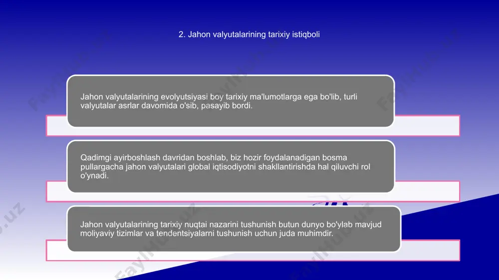 ng mahalliy valyutalarga ta'siri kabi muammolarni ham keltirib chiqardi. ushbu tezkor muhitda globallashuvning valyuta evolyutsiyasiga ta'sirini tushunish biznes va siyosatchilar uchun global moliyaviy tizimning murakkabliklarini samarali boshqarish uchun juda muhimdir. 1 2 3 7. valyuta tizimlaridagi texnologik yutuqlar texnologik taraqqiyot jahon valyutalari evolyutsiyasini shakllantirishda hal qiluvchi rol o'ynadi. raqamli valyutani joriy etishdan tortib, mobil to'lov tizimlarining yuksalishiga qadar texnologiya valyutalardan qanday foydalanish va ularga kirishga sezilarli ta'sir ko'rsatdi. blokcheyn texnologiyasining rivojlanishi, shuningdek, tranzaktsiyalarda xavfsizlik va shaffoflikni oshirish orqali valyuta tizimlarida inqilob qildi. bitkoin kabi kriptovalyutalar an'anaviy moliyaviy tizimlarga qiyinchilik tug'dirib, markazlashtirilmagan valyuta shakllari sifatida mashhurlikka erishdi. texnologiya taraqqiyotda davom etar ekan, biz valyuta tizimlarida sun'iy intellekt va biometrik autentifikatsiya integratsiyasi kabi keyingi yangiliklarni ko'rishimiz mumkin. ushbu o'zgarishlar, ehtimol, yanada o'zaro bog'langan va samarali global iqtisodiyotga olib keladi. 8. jahon valyuta evolyutsiyasining kelajakdagi tendentsiyalari jahon valyuta evolyutsiyasi sohasida kelajakdagi tendentsiyalar raqamli valyutalar va markazsizlashtirishga o'tayotganga o'xshaydi. texnologiyaning rivojlanishi va globallashuv kuchayishi …