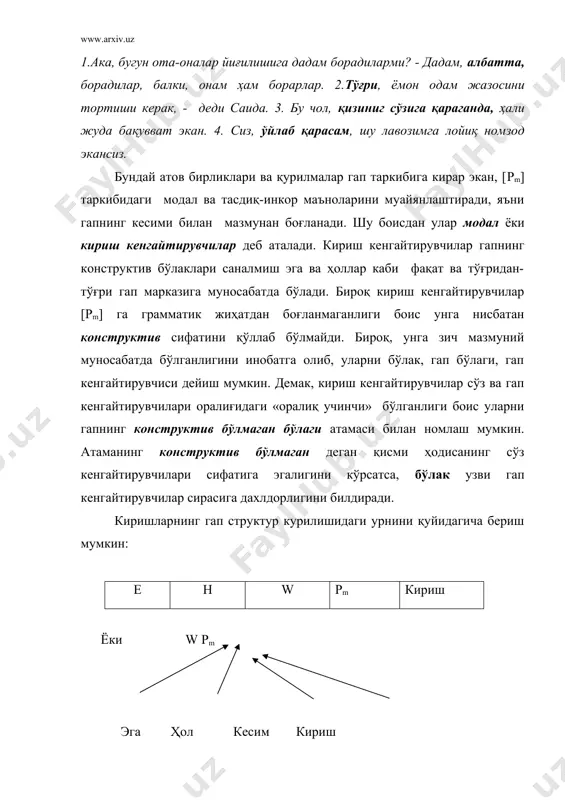 йтсам), тусланмаган феъллар ҳам (шундай қилиб), отлар ҳам (чамаси), олмошлар ҳам (менингча) кириш вазифасида келади. аммо улар, айтилганидек, баъзан қисман, баъзан бутунлай ўз луғавий маъносини йўқотиб, парадигмасидан вақтинча узилган бўлади. 3. кириш кенгайтирувчиларнинг барчаси ўзига хос ягона «сўзловчининг ўз фикрига муносабатини билдириш» умумий маъноси остида бирлашади. 4. кириш кенгайтирувчиларнинг гапдаги ўрни қатъий эмас. бу белгиларнинг барчаси кириш кенгайтирувчиларни ўзига хос луғавий-синтактик гуруҳни ташкил этишини кўрсатади. кириш кенгайтирувчилар гапда қуйидаги маъноларни ифодалайди. 1. таъкидлаш, тингловчининг диққатини баён қилинаётган фикрга тортиш. такрорлайман, муҳими, ишонсангиз, масалан, мисол учун, таъкидлайман, айтиш керакки. 2. субъектив муносабат, ҳис-туйғуларни ифодалаш. бахтимизга, бахтга қарши, уйлайман, умид қиламан, ўйлайманки, шубҳасиз, эҳтимол, шу маънода, қайсидир маънода, афсуски, аттанг, эссиз. 3. фикрни баён қилиш усулига муносабат: тўғрисини айтганда, бир сўз билан айтганда, содда қилиб айтганда, аниқроғи, қисқаси, гапнинг индаллоси. 4. фикрнинг боғланишини, матн таркибий қисмлари орасида муносабат, ички алоқа кабиларга сўзловчининг қандай қарашини: демак, хулоса, сабаби, шундай қилиб, кўринадики, маълум бўладики, …