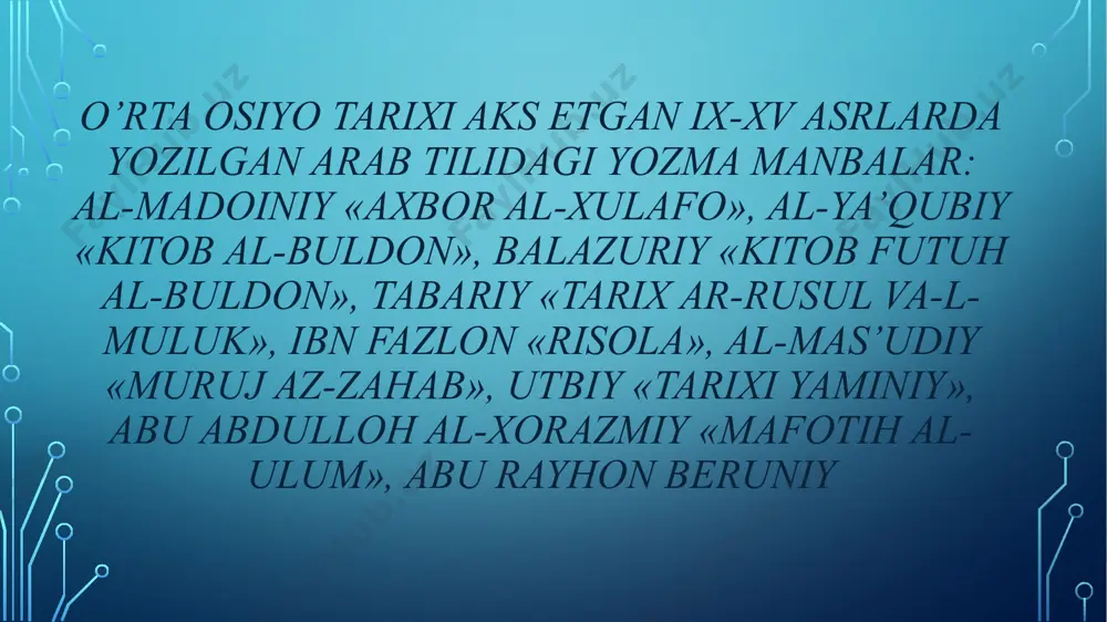 larida ko’chib yurgan qorliqlarning movarounnahrning ichki tumanlari ustiga qilib turgan xurujlariga barham berdilar(893 y.). bu hol mamlakatning iqtisodiy va madaniy yuksalishiga yo’l ochdi. bu sulola davrida markaziy davlat boshqaruvi birmuncha takomillashdi. amir davlatni o’nta muassasasi (devon): devoni vazir (bosh mahkama), devoni mustavfiy (moliya ishlari mahkamasi), devoni omid ul-mulk (insho va elchilik idorasi), devoni sohib shurat (amir gvardiyasi ishlari bilan shug’ullanuvchi idora)13, devoni sohib barid (pochta ishlari mahkamasi), devoni mushrif (o’ziga xos davlat xavfsizligi idorasi), devon ad-diya (amirning yer-mulkini boshqaruvchi idora), devoni muxtasib (shariat ishlari mahkamasi), devoni vaqf (vaqf ishlarini nazorat qiluvchi idora), devoni quzzot (qozilik mahkamasi) yordamida boshqargan. lekin, davlatni boshqarishda turk amirlarining roli juda katta bo’ldi. somoniylar davrida hunarmandchilik va savdo-sotiq rivojlandi. buni buxoro, samarqand, marv, balx, ғazni, hirot va toshkent kabi yirik, taraqqiy etgan shaharlar misolida ko’ramiz. bu davlat hazar xoqonligi, bulg’or xonligi, rus va xitoy bilan iqtisodiy-madaniy aloqalari birmuncha rivoj topdi. bu davr ilm-fan va madaniyatning o’rta …