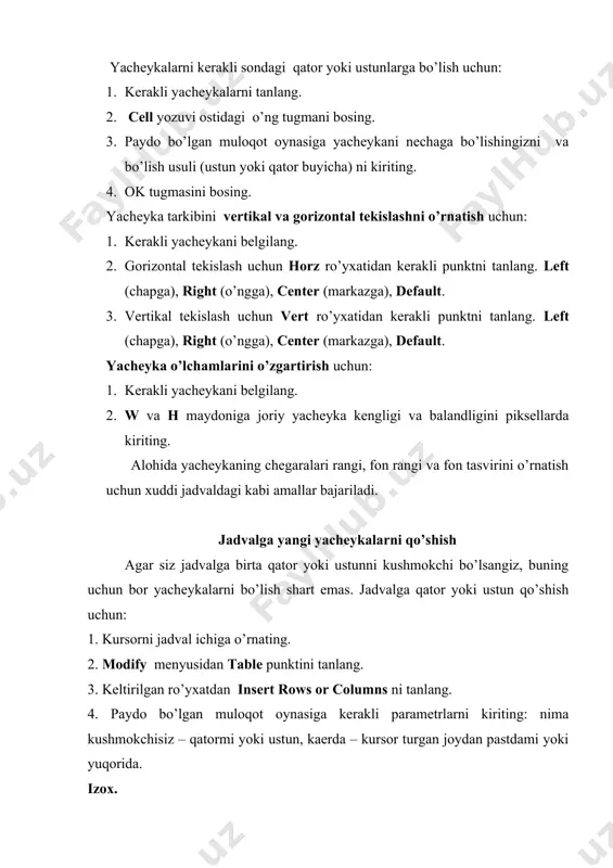 ang. -_blank brauzerning yangi oynasida bog’langan hujjat ochadi va joriy oynani ochik holda xotirada saqlaydi; -_parent ona freymda bog’langan hujjat ochadi; -_self joriy freymda, uning takibini o’zgartirgan holda hujjat ochadi; -_top eng yuqori freymda hujjat ochadi; agar siz properties (xususiyatlar) inspektorida freymlarga nom kuygan bo’lsangiz, ular target (maqsad) ro’yxatida paydo bo’ladi. freym nomini belgilaganda tanlangan freymda bog’langan hujjat ochiladi. variantlar quyidagi mavzular bo’yicha web-sahifa yaratilsin: 1. guruh haqida. 2. dars jadvali. 3. qurulish materiallari. 4. sport. 5. tatu 6. html tili. 7. telefon kompaniyalari. 8. shoirlar. 9. kompyuterning rivojlanishi. 10. telefon modellari. 11. kompyuter qurulmalari. 12. qadimiy joylar. 13. mashhurlar. 14. kompaniyalar. 15. bayramlar. 16. uzbekistondagi universitetlar. 17. mashinalar. 18. kinoartistlar. 19. estrada artistlari. 20. informatika fani. image4.png image1.png image2.png image3.png