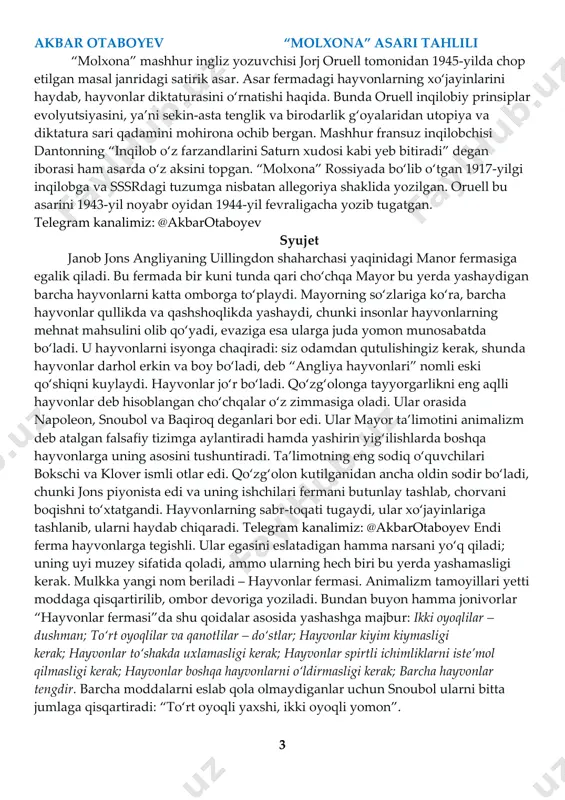 a yomon munosabatda bo‘ladi. u hayvonlarni isyonga chaqiradi: siz odamdan qutulishingiz kerak, shunda hayvonlar darhol erkin va boy bo‘ladi, deb “angliya hayvonlari” nomli eski qo‘shiqni kuylaydi. hayvonlar jo‘r bo‘ladi. qo‘zg‘olonga tayyorgarlikni eng aqlli hayvonlar deb hisoblangan cho‘chqalar o‘z zimmasiga oladi. ular orasida napoleon, snoubol va baqiroq deganlari bor edi. ular mayor ta’limotini animalizm deb atalgan falsafiy tizimga aylantiradi hamda yashirin yig‘ilishlarda boshqa hayvonlarga uning asosini tushuntiradi. ta’limotning eng sodiq o‘quvchilari bokschi va klover ismli otlar edi. qo‘zg‘olon kutilganidan ancha oldin sodir bo‘ladi, chunki jons piyonista edi va uning ishchilari fermani butunlay tashlab, chorvani boqishni to‘xtatgandi. hayvonlarning sabr-toqati tugaydi, ular xo‘jayinlariga tashlanib, ularni haydab chiqaradi. telegram kanalimiz: @akbarotaboyev endi ferma hayvonlarga tegishli. ular egasini eslatadigan hamma narsani yo‘q qiladi; uning uyi muzey sifatida qoladi, ammo ularning hech biri bu yerda yashamasligi kerak. mulkka yangi nom beriladi – hayvonlar fermasi. animalizm tamoyillari yetti moddaga qisqartirilib, ombor devoriga yoziladi. bundan buyon hamma jonivorlar …