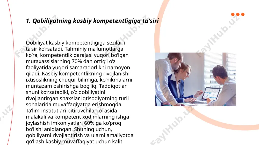 sidagi munosabat murakkab, lekin muhim mavzudir. tadqiqotlar shuni ko'rsatadiki, kasbiy muvaffaqiyatning taxminan 25% qobiliyat va ko'nikmalarga bog'liq. inson resurslari sohasida olib borilgan izlanishlarga ko'ra, qobiliyatlari yuqori bo'lgan xodimlar, o'rtacha, 20% ko'proq daromad olishi mumkin. biroq, qobiliyat faqat muvaffaqiyatning bir qismi bo'lib, tajriba va ta'lim bilan birgalikda ish faoliyatini yaxshilaydi. ish beruvchilar uchun qobiliyatlarni baholash aniq natijalarga erishish uchun muhimdir. shu bilan birga, tizimli ravishda o'quv va kasbiy malaka oshirish amaliyotlari ham muvaffaqiyat darajasini oshirishi mumkin. iqtidorli xodimlarni tanlash va joyida rivojlantirish orqali kompaniyalar umumiy nisbiy daromadlarini 10-15% oshirishi mumkin. ... t.me/slaydai_bot innovatsion qobiliyatlar va kasbiy kompetentlik muvaffaqiyatli ish natijalariga erishishda muhim rol o'ynaydi. innovatsion qobiliyatlar yangi texnologiyalarni joriy etish va ijodiy yondashuv orqali raqobatbardoshlikni oshiradi. xodimlarning 85% ga yaqini kasbiy ta’lim va malaka oshirish dasturlari orqali o'z bilimlarini kengaytiradilar. 75% tashkilotlar esa xodimlarining innovatsion fikrlarini rag'batlantiradi. kasbiy kompetentlik yuqori saviyada ekanligi samaradorlikni 30-40% ga oshirishi mumkin. innovatsion yechimlarni qo'llash ko'pincha …