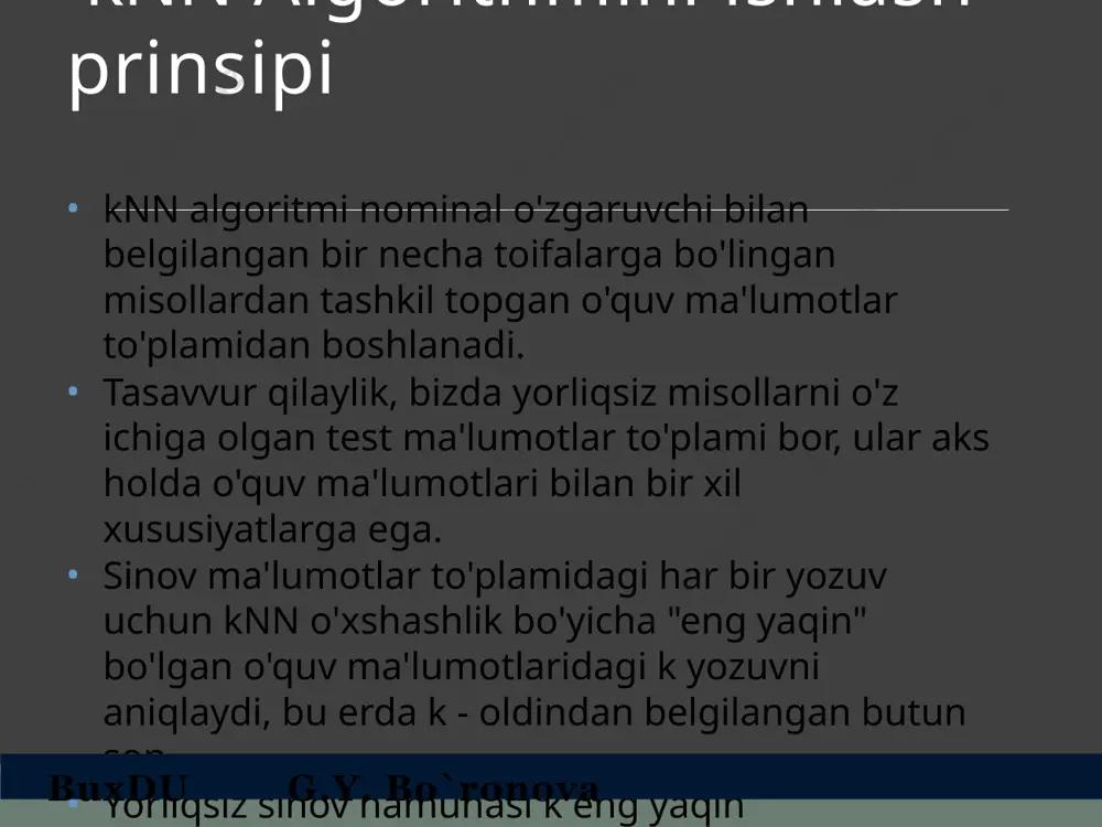 va knn – classification : dataset yangi vositadan boshlash uchun eng yaxshi kichik loyiha - bu iris gullarining tasnifi (masalan, iris ma'lumotlar to'plami). bu yaxshi loyiha, chunki u juda yaxshi tushunilgan. atributlar sonli, shuning uchun siz ma'lumotlarni qanday yuklash va qayta ishlashni aniqlashingiz kerak. bu tasniflash muammosi bo'lib, sizga nazorat ostidagi o'rganish algoritmining osonroq turi bilan mashq qilish imkonini beradi. bu ko'p toifali tasniflash muammosi (ko'p nominal) bo'lib, ba'zi maxsus ishlov berishni talab qilishi mumkin. u faqat 4 ta atribut va 150 ta qatorga ega, ya'ni u kichik va xotiraga (va ekran yoki a4 sahifaga) osongina mos keladi. barcha raqamli atributlar bir xil birliklarda va bir xil masshtabda bo'lib, boshlash uchun hech qanday maxsus masshtablash yoki o'zgartirishni talab qilmaydi. buxdu g.y. bo`ronova dataset buxdu g.y. bo`ronova knn – classification : dataset buxdu g.y. bo`ronova pre-processing buxdu g.y. bo`ronova characterize buxdu g.y. bo`ronova finding error with changed k buxdu g.y. bo`ronova …
