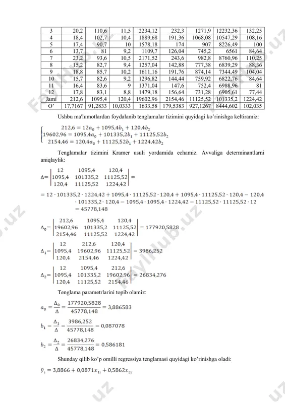 acha nisbiy approksimatsiya xatoligini topamiz: avvalo ba’zi hisoblashlarni amalga oshiramiz: 1 16,2 87,6 9,2 16,907447 0,654837 0,5004808 0,0436695 2 19,6 111,5 13 21,216089 12,245958 2,6117441 0,0824535 3 20,2 110,6 11,5 20,258448 6,460652 0,0034162 0,0028935 4 18,4 102,7 10,4 18,925736 1,4618481 0,2763981 0,0285726 5 17,4 90,7 10 17,646332 0,004947 0,0606795 0,014157 6 13,7 81 9,2 16,332734 1,9152684 6,9312906 0,1921704 7 23,2 93,6 10,5 18,191948 0,2258919 25,080589 0,2158643 8 15,2 82,7 9,4 16,598003 1,2514094 1,9544112 0,0919739 9 18,8 85,7 10,2 17,32818 0,1509218 2,1662537 0,0782883 10 15,7 82,6 9,2 16,472059 1,5490492 0,5960745 0,0491757 11 16,4 83,6 9 16,4419 1,6250299 0,0017556 0,0025549 12 17,8 83,1 8,8 16,281125 2,0607797 2,3069811 0,0853301 jami 212,6 1095,4 120,4 212,6 29,606592 42,490075 0,8871037 o’rtacha 17,71667 91,2833 10,0333 17,71667 2,467216 3,5408395 0,0739253 o’rtacha approksimatsiya xatoligi quyidagi formula orqali topiladi: bo'lganligi sababli, tenglama yuqori aniqlikka ega. b) fisher mezonidan foydalanib, butun regressiya tenglamasining statistik ahamiyatini tekshiramiz. fisher mezoning hisoblangan qiymati (statistika) …