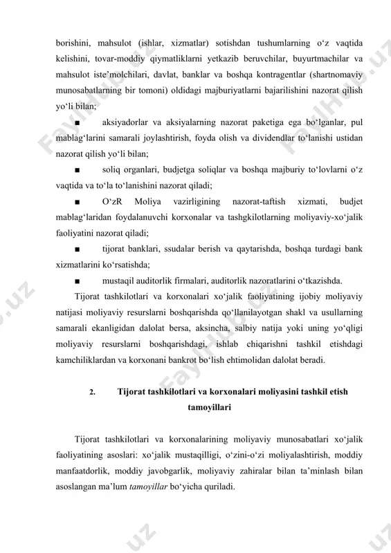 ni-o‘zi moliyalashtirish, moddiy manfaatdorlik, moddiy javobgarlik, moliyaviy zahiralar bilan ta’minlash bilan asoslangan ma’lum tamoyillar bo‘yicha quriladi. xo‘jalik mustaqilligi tamoyili moliya sohasidagi mustaqilliksiz amalga oshirilishi mumkin emas. xo‘jalik yurituvchi subyektlar, mulkchilik shaklidan qat’iy nazar, iqtisodiy faoliyat sohasini, moliyalashtirish manbalarini, foyda olish maqsadida pul mablag‘larini joylashtirish yo‘nalishlarini mustaqil belgilaydilar. bozor tijorat tashkilotlari va korxonalarini kapital qo‘yishning yangi sohalarini qidirib topishni, iste’mol ehtiyojiga mos keluvchi egiluvchvn ishlab chiqarishni yaratishni rag‘batlantiradi. tijorat tashkilotlari va korxonalari qo‘shimcha foyda olish maqsadida boshqa xo‘jalik yurituvchi subyektlarning ustav kapitalini shakllanishida ishtirok etib, ularning, davlatning qimmatli qog‘ozlarini sotib olish shaklidagi qisqa muddatli va uzoq muddatli investitsiyalar xarakteridagi investitsiyalarni amalga oshirishlari mumkin. biroq, to‘la xo‘jalik mustaqilligi to‘g‘risida gapirish mumkin emas, chunki davlat ular faoliyatining ma’lum tomonlarini tartibga solib turadi. demak, tijorat tashkilotlari va korxonalarini turli darajadagi budjetlar bilan o‘zaro aloqalari qonunchilik bilan o‘rnatiladi. mulkchilikning barcha shaklidagi tijorat tashkilotlari va korxonalari qonunchilik tartibida o‘rnatilgan stavkalarga mos tarzda tegishli soliqlarni to‘laydilar, budjetdan …