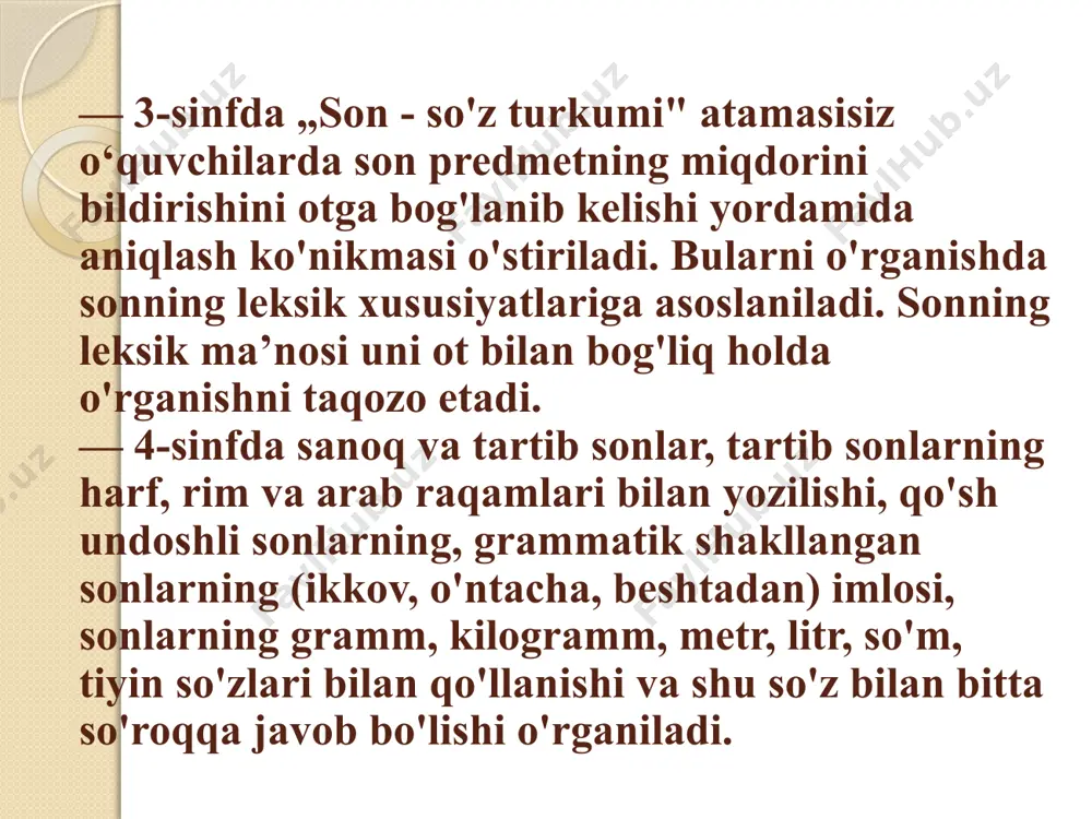 lash, ularni o'rinli qo'llash ko'nikmasi o'stiriladi. „son" tushunchasini shakllantirish o'quvchilarning shaxs va narsalarning sanog'ini, tartibini bildirgan so'zlar kategoriyalarini o'zlashtirish sifatiga bog'liq. o'quvchilar bilimini yetarli darajaga keltirish maqsadida sonlar ishtirok etgan gaplar asosida kuzatish, aniqlash, guruhlash va umumlashtirish faoliyati ishga solinadi. masalan: „ma’rifat xonasiga o'quvchilar keldilar. ikkita o'quvchi 2-sinfda o'qiydi. 4 ta o'quvchi 3-sinfda o'qiydi". o'quvchilar o'qituvchining topshirig'i asosida ikkita (nechta?), to'rtta (nechta?) so'zlari sanoq, ikkinchi, uchinchi (nechanchi?) so'zlari tartib bildirayotganini aniqlaydilar va ularni guruhlaydilar (sanoq bildiruvchi so'zlar, tartib bildiruvchi so'zlar). shuning ichida umumlashtirish ham amalga oshiriladi. sonning leksik ma’nolari bilan uning grammatik xususiyatlari ham qayd etiladi: narsa, shaxs bildirgan so'zlarga bog'lanib-keladi, tartib bildirgan so'z -nchi, -inchi qo'shimchasini oladi va hokazo. „son — so'z turkumi" sifatida unga xos bo'lgan quyidagi xususiyatlar ajratiladi: a) shaxs; b) narsalarning sanog'ini, tartibini bildiradi va d) gapda otga bog'lanib keladi; e) gapda ikkinchi darajali bo'lak vazifasida keladi. bu bosqichda og'zaki va yozma shakldagi ijodiy yozma ishlar …