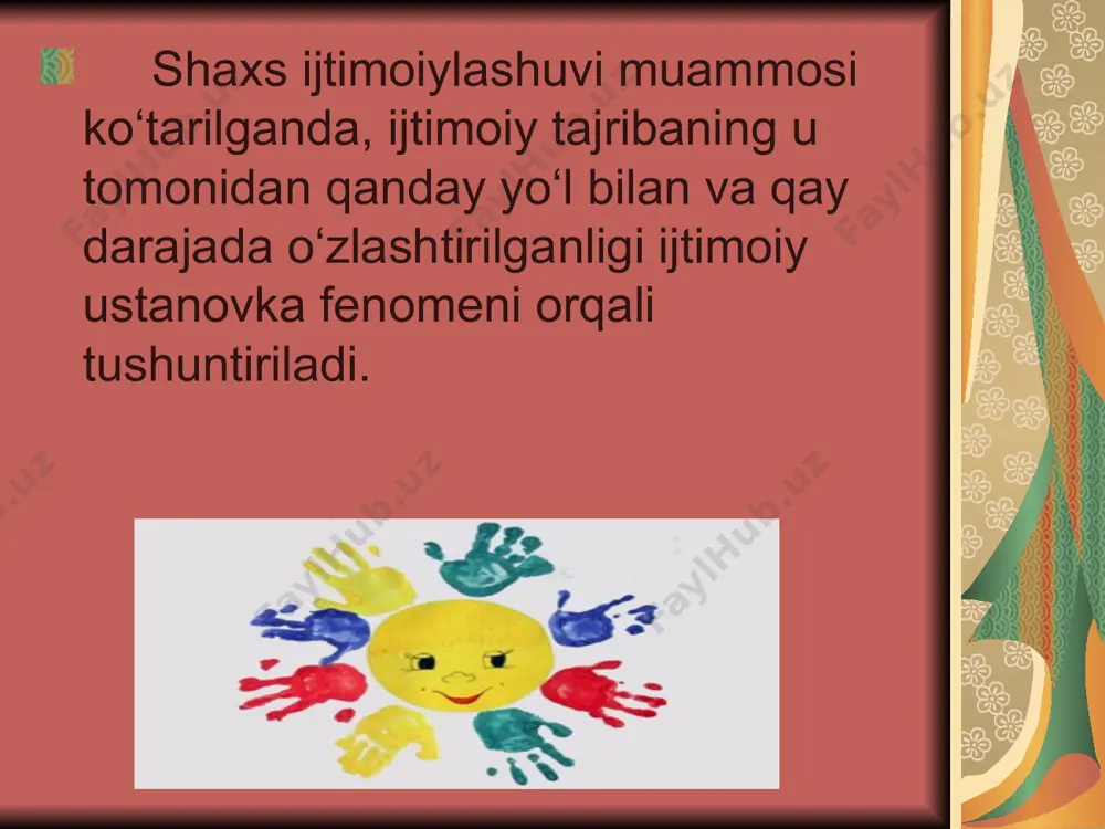 aziyatlarda namoyon bo‘ladigan oddiy qayd etiladigan ustanovkalardir; 2) dispozitsiyalarning ikkinchi darajasi murakkabroq bo‘lib, ular insonning bevosita kichik guruhlarda ro‘y beradigan muloqoti, muomalasidan paydo bo‘lgan ijtimoiy tajribasini tushuntiradi. bu o‘sha amerikaliklar ta’kidlagan attityuddir; 3) dispozitsiyalarning uchinchi darajasi shaxs umumiy dunyoqarashi, qiziqishlari asosida hosil bo‘ladigan ijtimoiy faolligini o‘z ichiga oladi va uning professional yo‘nalishi, ish faoliyati, dam olishi, bo‘sh vaqtini qanday o‘tkazishlarida ko‘rinadigan asosli ustanovkalarida namoyon bo‘ldai; dispozitsiyalarning to‘rtinchi yuqori darajasi 4) dispozitsiyalarning to‘rtinchi yuqori darajasi shaxsdagi mavjud qadriyatlar tizimi, turmush tarzi, yurti va vatani taqdiriga, yurtdoshlaridagi qadriyatlar to‘g‘risidagi tasavvurlarga yaqin bo‘lgan bilim, malaka va ko‘nikmalari bo‘lib, unda davrga, zamon va makonga aloqador tushunchalar aks etadi va ijtimoiy tajribaga asos bo‘ladi. shunday qilib, taklif etilgan dispozitsiyalar nazariyasi shaxsning turli vaziyatlardagi munosabatlar tizimining muvofiqlashtirish va uning sabablarini tushuntirishga imkon beradi. sotsial psixologiya da shu kabi turli darajadagi ijtimoiy ustanovkalarni o‘zgartirish muammosi muhim bo‘lib, bu masala maxsus tadqiqotlar va tarbiya vositalarining ishlab chiqilishini taqozo …