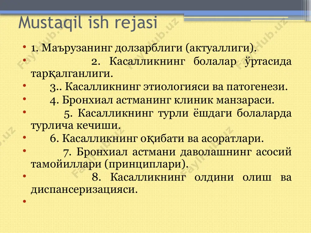 s olish organlari anatomik va fiziologik xususiyatlariga bog'liq xolda kichik yoshdagi bolalarda sekretor faza ustun bo'lsa, kattaroq yoshdagilarda esa bronxospazm ustunlik qiladi. zamonaviy ma'lumotlarga ko'ra xozirda bronxial astma patogenezida nafas organlari tomonidan organizm sensibilizatsiya oqibatida rivojlangan allergik xolat nazariyasi e'tiborga molik deb xisoblanadi. sensibilizatsiyalangan organizm noantigen qitiqlovchilarga, turli moddalar xidlariga sezuvchanligi ortgan bo'lib, ular ta'sirida bronxlar muskullari spazmi, bronxlar shilliq qabatlari shishi va shilliq bezlari gipersekretsiyasi rivojlanadi. shular asosida nafas qisishi xurujining shartli reflekslari paydo bo'ladi. nafas qisish xuruji sensibillangan organizmda patologik dominanta bilan birgalikda reflektor yoyi paydo bo'lishi orqali yuzaga keladi. bronxial astma xuruji rivojlanishida 3 ta bosqich tafovut qilinadi: 1. immunologik bosqich. bronxlar sillik muskul tolalari, bronxlarni o'rab turuvchi semiz xujayralar va qon tomirlar retikulo-endoteliyasi singari “shok organlar” xujayralariga joylashib olgan antitelolar bilan maxsus antigenlar birikadilar. 2. patoximik bosqich. antigen-antitelo kompleksining xosil bo'lishi gistamin, serotonin, atsetilxoliy singari biologik aktiv moddalarning; bradikinin va sekin ta'sir qiluvchi substantsiyalarning xujayralar tomonidan …