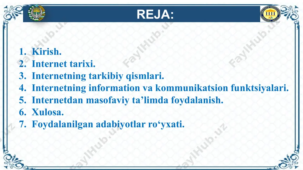 rini juda tez qozondi. wwwning yaratilishiga 1989-yil shvetsariyadagi yevropa yadrovi tadqiqotlar kengashining loyihasi asos bo’ldi. bu loyihaning asosiy maqsadi internetda axborot tarqatishning samarali usullarini izlash va uning oqibatlarini kuzatishdan iborat edi. hozirgi kunda www internetning eng tez rivojlanayotgan sohalaridan biri bo’lib qoldi. “тиббий радиология ва диагностика” йўналиши 1-босқич магистранти тошкент тиббиёт академияси абулқосимова шахноза “integratsion tabiiy resurslarni boshqarish” йўналиши 1-босқич магистранти ўзбекистон миллий университети расулов шоҳруҳбек “халқаро маркетинг ва менеджмент” йўналиши магистранти каримов рустамбек internet tarixi wwwda axborot maxsus sahifalarda, ya’ni web-sahifalarda joylashadi. web sahifaga matn, rasm, tovush, videotasvir va hokazo ko’rinishdagi axborotlarni joylashtirish mumkin. bu esa o’z navbatida, reklama, tijorat, ta’lim va boshqa ko’pgina soha vakillariga beqiyos imkoniyatlar berdi. masalan juda ko’p kinostudiyalar o’z maxsulotlarini reklma qilish uchun web sahifalar yaratishadi. mazkur web-sahifalard, asosan, yangi filmlar haqidagi ma’lumotlar bilan birga, shu filmlardan 1-2 daqiqali parchalaraks ettiriladi. www yaratilgunga qadar bunday faqat kinoteatrlar yoki televidenie orqaligina mumkin edi. салохиддинов маъруф …