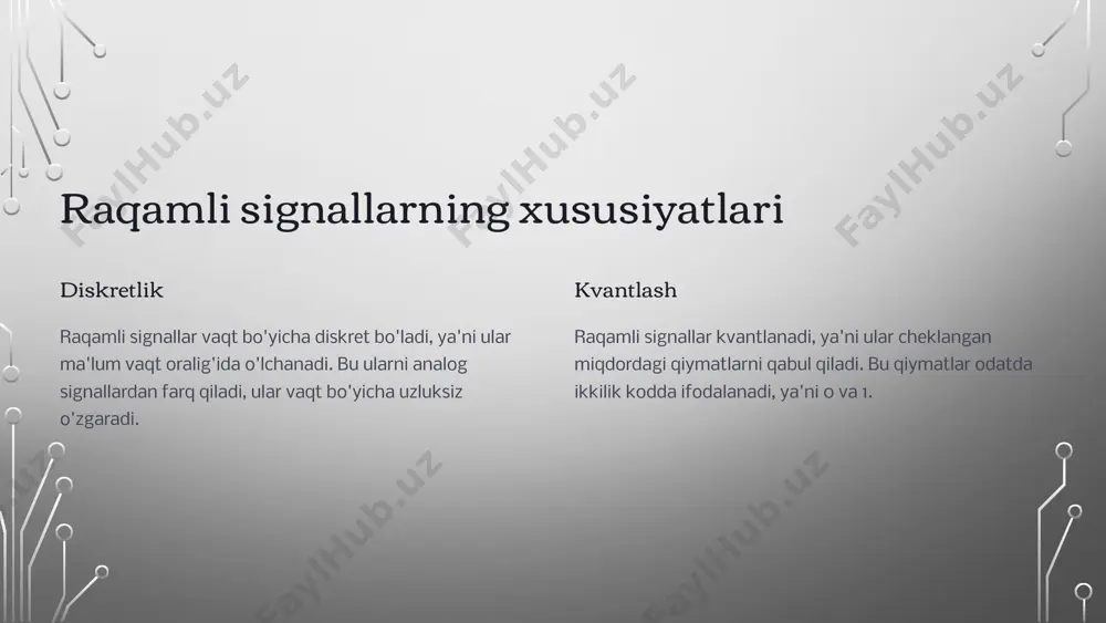i qayta ishlash uchun moslashtirilishi mumkin. 3 analog-to-digital konverterlar (adc) analog signallarni raqamli signallarga aylantiradi. ular raqamli signalni qayta ishlash tizimlarining muhim qismi hisoblanadi. 4 sensorlar turli xil signallarni, masalan, ovoz, yorug'lik, haroratni o'lchash uchun ishlatiladi. 9 raqamli signallarni tahlil etish va qayta ishlashda yuzaga keladigan muammolar 1 shovqin raqamli signallarni tahlil qilish va qayta ishlashda shovqin katta muammo bo'lishi mumkin. shovqin signallarning aniqligini buzishi mumkin. 2 signallarni siqish signallarni siqish signallarni tahlil qilish va qayta ishlashda ma'lumot yo'qotilishiga olib kelishi mumkin. 3 xotira chegaralari raqamli signallarni tahlil qilish va qayta ishlash juda ko'p xotira resurslarini talab qilishi mumkin. 4 kechikish signallarni qayta ishlashda kechikishlar yuzaga kelishi mumkin, bu real vaqtli dasturlar uchun muammo bo'lishi mumkin. 10 raqamli signallarni tahlil etish va qayta ishlashning istiqbollari 1 sun'iy intellekt sun'iy intellektning rivojlanishi raqamli signalni qayta ishlashda yangi imkoniyatlar ochmoqda. masalan, chuqur o'rganish signallarni tahlil qilishda qo'llanilishi mumkin. 2 kvant hisoblash kvant …