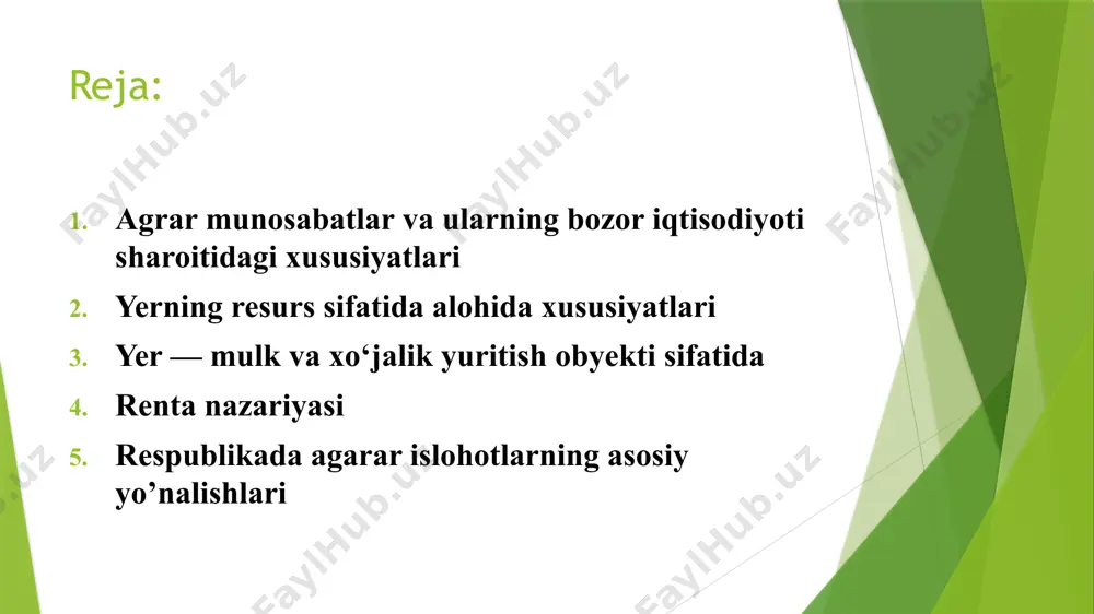 kli. agrar munosabatlar va ularning bozor iqtisodiyoti sharoitidagi xususiyatlari bozor iqtisodiyoti sharoitida agrar munosabatlar yerga bo‘lgan turli mulkchilikning shakllanishi, yerning tadbirkorlik obyekti bo‘lganidan garovga qo‘yilishi, yer uchun pul shaklida rentaning turli ko‘rinishlarda undirilishi hamda uning agrobiznesning maxsus faoliyat turiga aylanishi kabi shart-sharoitlar bozor iqtisodiyotida agrar munosabatlarning o‘ziga xos mazmun-mohiyatga ega ekanligini bildiradi. yerning resurs sifatida alohida xususiyatlari qishloq xo‘jaligi uchun yer asosiy va hal qiluvchi ishlab chiqarish vositasi bo‘lganligi sababli, birinchidan, insonni iqtisodiy faoliyat ko‘rsatishiga va ikkinchidan esa, tabiat rivojlanishi qonun va qonuniyatlariga, tabiiy-biologik shart-sharoitlar, ya’ni iqlim sharoiti, ob-havo holatiga, tuproqning tabiiy xossalariga, shuningdek, o‘simliklarda yuz beradigan biologik o‘zgarishlarga bog‘liq bo‘ladi. yer mamlakatning asosiy resursi bo‘lib, uni hech bir narsa bilan tenglashtirish yoki almashtirish mumkin emas, yerning resurs sifatida alohida xususiyati shundaki, u cheklangan va uning hajmi o‘zgarmas hisoblanadi. yerning resurs sifatida alohida xususiyatlari yer o‘ta noyob, qimmatli asosiy resurs, uning o‘rnini bosa oladigan boshqa resurs hali paydo bo‘lmagan. lekin …
