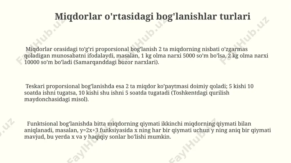oordinata sistemasida chiziladi. agar biz 10 ta har xil x qiymatlarini olsak va ularni kvadratga oshirib, 5 ga koʻpaytirib, natijaga 2 ni qoʻshsak, har bir x uchun y ning aniq bir qiymatini topamiz, bu esa 10 ta koordinata nuqtasini beradi. kvadratik bogʻlanish samarqanddagi tarixiy binolar balandligining va soyasining uzunligining oʻzaro bogʻliqligida ham kuzatilishi mumkin, bu yerda balandlik kvadratiga bogʻliq holda soyasining uzunligi aniqlanadi. teskari proportsional bog'lanish agar ikki miqdor o'rtasidagi ko'paytma doimiy qiymatga ega bo'lsa, ular teskari proportsional bog'lanishda bo'ladi. misol uchun, tezlik va vaqt o'rtasidagi munosabat 120 km masofani bosib o'tishda, 60 km/soat tezlikda 2 soat, 30 km/soat tezlikda esa 4 soat vaqt ketadi. teskari proportsional bog'lanishni grafikda ifodalashda giperbola hosil bo'ladi teskari proportsional bog'lanishda, agar bir miqdor 2 marta ortgan bo'lsa, ikkinchi miqdor 2 marta kamayadi. masalan, 10 ta ishchi 5 kun ichida ishni tugatsa, 20 ta ishchi xuddi shu ishni 2,5 kun ichida yakunlaydi, bu samarqanddagi qurilish …