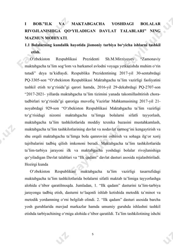 ublikasi maktabgacha ta’lim vazirligi tasarrufidagi maktabgacha ta’lim tashkilotlarida bolalarni sifatli maktab ta’limiga tayyorlashga alohida e’tibor qaratilmoqda. jumladan, 1. “ilk qadam” dasturini ta’lim-tarbiya jarayonga tadbiq etish, dasturni to‘laqonli ishlab ketishida metodik ta’minot va metodik yordamning o‘rni belgilab olindi. 2. “ilk qadam” dasturi asosida barcha yosh guruhlarida mavjud markazlar hamda umumiy guruhda ishlashni tashkil etishda tarbiyachining o‘rniga alohida e’tibor qaratildi. ta’lim tashkilotining ishchi o‘quv dasturi tashkilot pedagoglari tomonidan ota-onalarni jalb etgan holda tuziladigan va amaldagi qonunchilik tartibida tasdiqlanadigan qilib belgilandi. maktabgacha ta’lim tashkilotlarida bolalar “ilk qadam” davlat o‘quv dasturi asosida 5 ta markazda faoliyat yuritadilar. bular quyidagilardir: 1. til va nutq markazi. (nutq o‘stirish, tabiat, atrof-olam va badiiy adabiyot bilan bog‘liq mashg‘ulotlar) 2. qurish-yasash, konstruksiyalash va matematika markazi. (qurish yasash va matematika mashg‘ulotlari) 3. san’at markazi (rasm, applikatsiya, loy qurish, yasash mashg‘ulotlari va origami) 4. syujetli-rolli o‘yinlar va dramalashtirilgan markaz. (guruh yoshiga mos bo‘lgan syujetli qoidali o‘yinlar) 5. ilm-fan va tabiat markazi. …