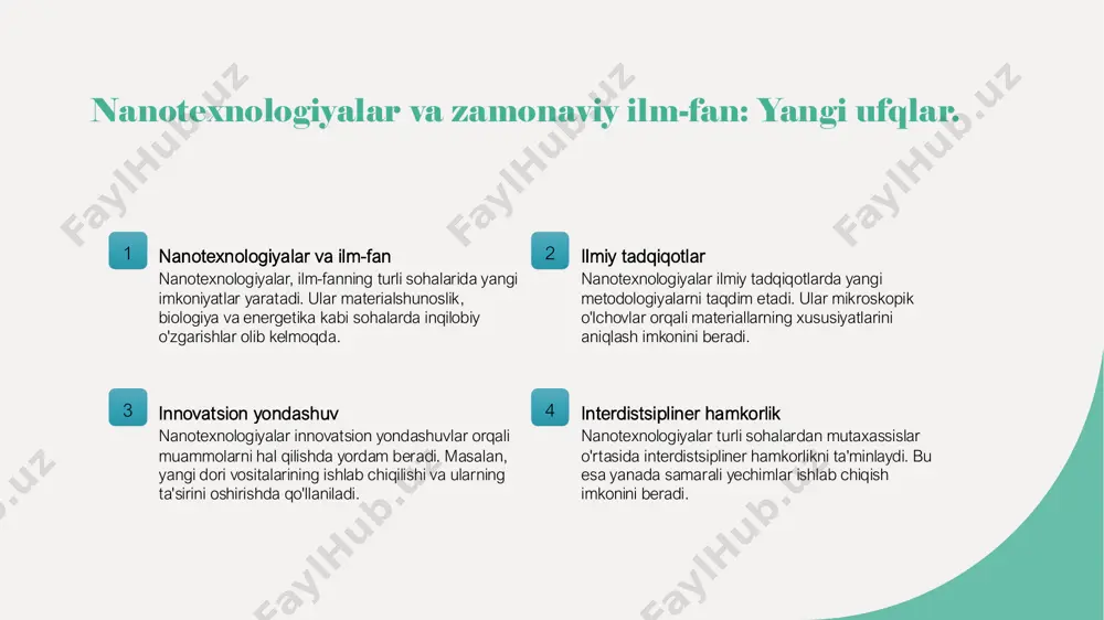 rga ta'siri'. 'ijodkor' noshirlik, 2021. e'tiboringiz uchun rahmat! slide 1: nanotexnologiyalar haqida umumiy ma’lumot berish, yaratilish va rivojlanish tarixini yoritish. slide 2: reja slide 3: nanotexnologiya: asosiy tushunchalar va ularning ahamiyati. slide 4: nanotexnologiyaning strukturaviy va funksional xususiyatlari. slide 5: nanotexnologiyalar va zamonaviy ilm-fan: yangi ufqlar. slide 6: nanotexnologiyaning dastlabki bosqichlari: tarixiy kontekst va muhim kashfiyotlar. slide 7: nanotexnologiyaning rivojlanishi: zamonaviy innovatsiyalar va tadqiqotlar. slide 8: o'zbekistonda nanotexnologiyaning tarixi va global rivojlanishdagi o'rni. slide 9: nanotexnologiyaning tibbiyot sohasidagi innovatsion yechimlari. slide 10: energiya samaradorligi: nanotexnologiyaning imkoniyatlari. slide 11: atrof-muhitni muhofaza qilishda nanotexnologiyaning roli. slide 12: xulosa slide 13: foydalanilgan adabiyotlar slide 14: e'tiboringiz uchun rahmat!