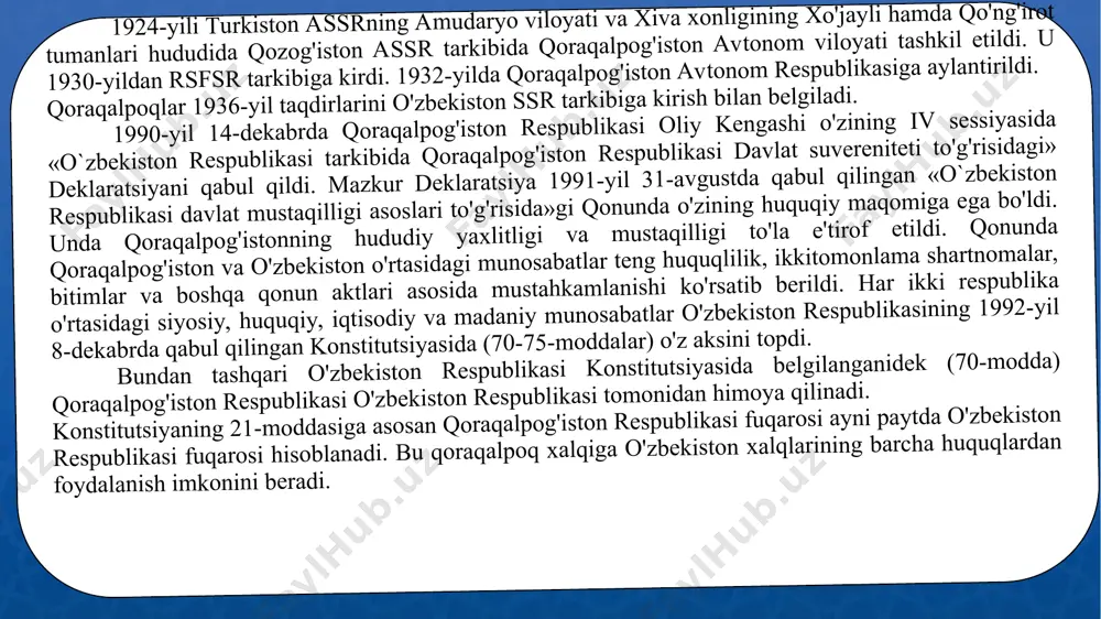 ublikasi oliy majlisining 1992-yil 14-dekabrda bo'lib o'tgan xi sessiyasida qoraqalpog'iston davlat bayrog'i, 1993-yil 9-aprelda bo'lib o'tgan xii sessiyasida davlat tamg'asi, 1993-yil 4-dekabrda bo'lib o'tgan xiv sessiyasida davlat madhiyasi tasdiqlandi. qoraqalpog'iston respublikasi konstitutsiyasiga asosan 1994-yil 25-dekabrda oliy kengashning 86 deputatdan iborat yangi tarkibi muqobillik asosida saylandi. ayni paytda parla-ment qoraqalpog'iston respublikasi jo'qarg'i kengesi deb ataladi. jo'qarg'i kengesning 1995 yil 11 yanvarda, nukus shahrida bo'lib o'tgan birinchi chaqiriq birinchi sessiyasida jo'qarg'i kenges ra-isi, uning o'rinbosarlari, mandat komissiyasi, 8-qo'mita raislari va uning a'zolarini sayladi. qonunchilik hokimiyati - jo'qarg'i kenges o'z vazifasi, ijro hokimiyati - ministrlar kengashi va sud hokimiyatlari o'z maqomi doirasida ish olib bormog'i lozim. ana shunda haqiqiy demokratik jamiyat shakllanadi.1991-2008-yillar, aytish mumkinki, qoraqalpog'iston davlat-chiligi shakllanish davri bo'ldi. o’zbekiston qoraqalpog'iston respublikasini har tomonlama qo'llab-quvvatlamoqdaki, 1996-yili ushbu maqsadlar uchun 10 milliard so'm mablag' ajratildi. bu qoraqalpog'iston milliy daromadining 55 foizini tashkil qilardi. bundan tashqari, qoraqalpog'istonga berilayotgan moliyaviy yordam miqdo-ri 1994-yilga nisbatan 18 barobar …