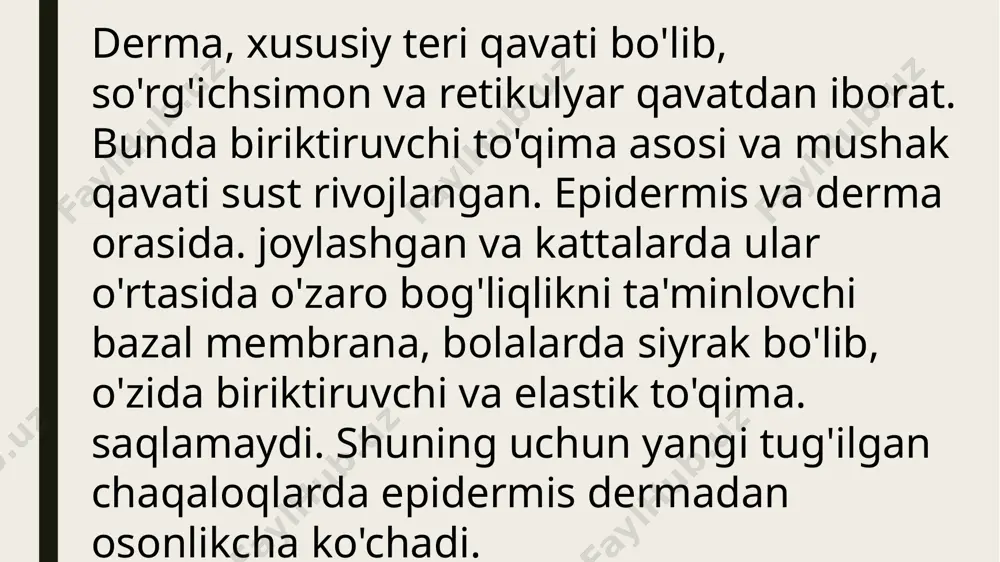 ini egallaydi, regional - og'iz oldida (og'iz atrofi, og'iz burun atrofi uchburchagi), tananing distal qismi sianozi (burun uchi, quloq yumshoq joyi, lab, til uchi, oyoq qo'l kaft va barmoqlar) - akrosianoz deb ataladi. sianoz bolalarda ba'zan terining kumush rangi uchraydi, bu surunkali buyrak usti bezi yetishmovchiligida kuzatiladi. ko'rik vaqtida teri qoplamlarida venoz to'r rivojlanishiga e'tibor berish kerak. bu venoz to'r "meduza boshi". korinishida bo'lib, darvoza venasi tizimi dimlanishida paydo bo'ladi. ba'zida teri tomirlari tomirlar yulduzchasini hosil qiladi, tomir yulduzchalari jigar surunkali kasalliklarida "jigar kafti", "tovoni" bilan birgalikda uchraydi. terining morfologik elementlari terida kechadigan patologik jarayonning tashqi korinishi hisoblanadi. “meduza boshi” sindromi dog' chegaralangan sohalarda terining rangi o'zgarishi bo'lib, teridan chiqib turadi, zichligi bo'yicha sog'lom teri sohasidan farq qilmaydi. oq- pushti yoki qizil rangdagi dog'cha nuqtadan, 5 mmgacha o'lchamda bo'ladi va rozeola deyiladi, 1-2 mm o'lchamdagi ko'pgina rozeolalar mayda nuqtali toshma hosil qiladi, 5 mm dan 10 mmgacha dog'lar mayda dogli …