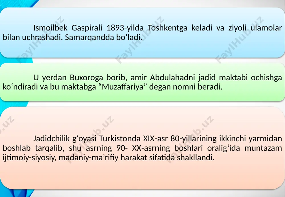 rqandda “zarafshon”, to‘raqo‘rg‘onda (namangan viloyati) “kutubxonai ishoqiya” (1908 y.) nomli kutubxonalar tashkil topadi. shuningdek, jadid bosmaxonasi va kitob do‘konlari ancha keng tarmoq otdi. xulosa qiladigan bo’lsak, jadid bobolarimiz moddiy qiyinchiliklar, g’oyaviy-siyosiy tazyiqlarga qaramay millatning ma’naviy yuksalishi uchun imkoniyatlar yaratishga harakat qildilar.tarixning murakkab, mas’uliyatli burilish davrida millatning ongini yuksaltirish, milliy iftixor tuyg’usini kuchaytirish birinchi darajali vazifalardan ekanligini anglab yetganliklari uchun ham bu boradagi barcha ishlarni o’z zimmalariga oldilar. xulosa bugungi kunda jadidlar orzu qilgan ozod mamlakatimizda ta’lim-tarbiya tizimining milliy zaminini mustahkamlash, zamon talablari bilan uyg‘unlashtirishga katta e’tibor qaratilmoqda. haqiqatda, milliy g‘oya, millat tafakkurining eng ilg‘or namunalarini aks ettirgan darslik va qo‘llanmalar tuzish, xorijiy tillarni mukammal bilish, kasb-hunar o‘rgatishni joriy etish kabi tamoyillar o‘z davrida jadidchilik vakillarini o‘ylantirgan va ularning bu yo‘ldagi bevosita sa’y-harkatlari faoliyatimizning zamonaviy intellektual taraqqiyoti poydevoriga zamin yaratishga xizmat qildi. e’tiboringiz uchun tashakkur! image2.png image3.jpeg image4.jpeg image5.jpeg image6.jpeg image7.jpeg image8.jpeg image9.jpeg image10.jpeg image11.jpeg image12.jpeg image13.jpeg image14.jpeg image1.png /docprops/thumbnail.jpeg