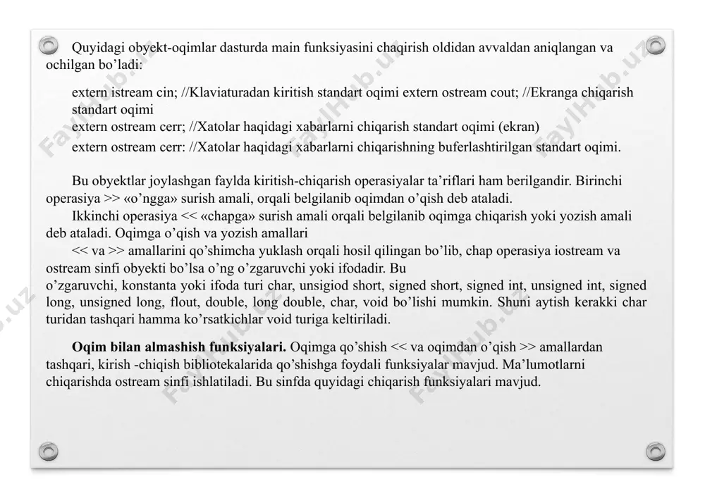 , char, void bo’lishi mumkin. shuni aytish kerakki char turidan tashqari hamma ko’rsatkichlar void turiga keltiriladi. oqim bilan almashish funksiyalari. oqimga qo’shish > amallardan tashqari, kirish -chiqish bibliotekalarida qo’shishga foydali funksiyalar mavjud. ma’lumotlarni chiqarishda ostream sinfi ishlatiladi. bu sinfda quyidagi chiqarish funksiyalari mavjud. ostream & put (char cc ); ostream & write (const signed char *array,int u); ostream & write (const nn signed char *array,int u); put() funksiya chiquvchi oqimga bitta simvol joylaydi: cout .put (‘z’); write() - funksiyasi ikki parametrga ega array -xotira qismiga ko’rsatkich va n- simvollar soni. chiqarish uchun put funksiyasidan foydalanishga misol: #include using namespace std; int main() { cout.put(’a’).put(’b’).put(’c’).put(’\n’); return 0; } natija abc satr chiqarish uchun write funksiyasidan foydalanishga misol: #include using namespace std; int main() char ss [] = ”merci”; cout.write (ss,sizeof (ss)-1); return 0; } natija merci formatsiz o’qish funksiyalari istream oqimiga tegishlidir. bular 6 ta qo’shimcha yuklangan get () funksiyasi bulardan …