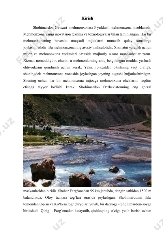 onasi tog‘ bag‘rida dam olishni istaganlar uchun ideal tanlov bo‘lib, har yili minglab ichki va tashqi sayyohlarni jalb qilmoqda. tabiat go‘zalligi bilan uyg‘unlashgan zamonaviy sharoitlar ushbu maskanni shohimardondagi eng nufuzli va talabgir mehmonxonaga aylantirgan. shohimardon — o‘zbekistonning farg‘ona viloyati, farg‘ona tumani tarkibiga kiruvchi, tog‘li hududda joylashgan qishloq bo‘lib, o‘zining go‘zal tabiati, toza havosi va sayyohlik salohiyati bilan mashhur. bu qishloq geografik jihatdan o‘zbekistonning qirg‘iziston hududidagi eksklavi hisoblanadi. shohimardon farg‘ona vodiysining janubi-sharqiy chekkasida, qurama tog‘ tizmasining etagida, dengiz sathidan 1500–2000 metr balandlikda joylashgan. farg‘ona shahridan taxminan 55 km uzoqlikda joylashgan bo‘lib, unga qirg‘iziston hududi orqali boriladi. aholi asosan tog‘ etaklarida va daryo bo‘ylarida istiqomat qiladi. so‘nggi yillarda shohimardon qishlog‘ida infratuzilma sohasida sezilarli yutuqlarga erishildi. 2015-yilga qadar qishloqqa olib boruvchi yo‘llar notekis va asfaltlanmagan edi. 2017–2019-yillar davomida shohimardon avtomobil yo‘li 100% asfalt qilingan, umumiy uzunligi 25 km. 2023-yilda farg‘ona viloyati hokimligi ma’lumotlariga ko‘ra, qishloqqa kirib boruvchi avtomobillar soni mavsumiy hisobda o‘rtacha kuniga …