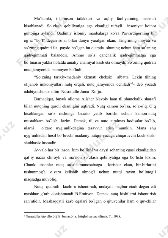 kasb egalari bo`lgan o`qituvchilar ham o`quvchilar bilan munosabatga kirishar ekan, avvalo bolalarni bilim olishga ishontirishi undashi lozim. o`quvchini ishontirish uchun avvalo o`qituvchi ishonarli gapirishi, nutqi ravon, tushunarli, chiroyli dalillangan, puxta asoslangan bo`lishi lozim. shuningdek bu so`zlarga avvalo o`zi rioya qilmog`i shart. taniqli notiqlar ham o`z nutqlarini namunali bo`lishi uchun quyidagi asosiy holatlarga e`tibor berganlar: 1. o`zi to`xtalmoqchi bo`lgan masala yoki mavzuni chuqur o`rganish, o`zlashtirib olish, undagi masalalarga o`z munosabatini aniq belgilab olish. 2. o`z dunyoqarashiga ega bo`lish, so`z bilan ish birligi nazariya bilan tajribaning dialektik birligiga erishish, fikrlarni ilmiy asoslash. 3. mavzuga mas`uliyat bilan yondashish, uni tinglovchi oldida to`liq ochib berishga, yoritishga diqqat qilish. 4. har bir nutqqa jiddiy tayyorgarlik ko`rish, ma`ruzani nimadan boshlashdan tortib, nima bilan tugatishgacha jiddiy uylab olish, masalalarni o`rtaga tashlash ketma-ketligini yaxshi belgilab olish, ularning o`zaro bog`lanishini ta`minlashi, ma`lum rejalar yoki reja-konspektlar tuzib olish, o`zi uchun alohida va keng to`xtalishi zarur bo`lgan o`rinlarni belgilab olish. ochiq …