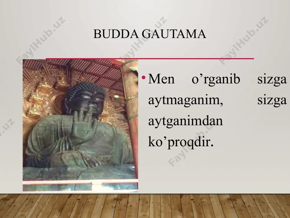 dda – osoyishtalikka va buyuk haqiqatga erishgan, “ilohiy ilm” nuridan munavvarlik ma’nolarini bildiradi) jahon dinlarining ichida eng qadimiysi bo’lib, jahon sivilizatsiyasining qadimgi markazlaridan biri bo’lgan hindistonda miloddan avvalgi vi asrda yuzaga kelgan. yangi dinning vujudga kelishi turli sabablar bilan bog’liq bo’lgan. hech bir qiyinchilik va kamchilik ko’rmay o’sgan bola siddxartxa ittifiqo qarigan cholni, bemorni, og’ir mehnatli bir rohibni uchratadi. bundan qattiq ta’sirlagan shahzoda insoniyatni qiyinchilik va azobdan qutqarish yo’llarini axtarib saroyni tashlab ketadi. bu vaqtda u 30 yoshda edi. u beshta rohibga ko’shilib, ular bilan qishloqma-qishloq kezib yuradi. ko’p vaqt bu rohiblarga hamrohlik qilib, ularning yo’llarida ma’lum maqsad yo’qligini va bu yo’l o’z oldiga qoygan maqsadi - insoniyatni azob uqubatdan qutqarishga olib bormasligini anglaydi va rohiblar jamoasidan ajraladi. u chakalakzor o’rmonlarda kezib, charchab bir daraxti tagida dam olish uchun o’tiradi va o’ziga toki haqiqatni topmaguncha shu yerdan turmaslikni va’da beradi. bu o’tirishning 49 kuni uning qalbidan «sen haqiqatni topding» degan …