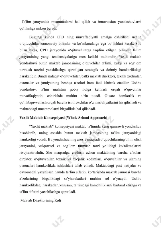 ‘nikmalarini rivojlantirishdir. shu maqsadga erishish uchun maktabning barcha a’zolari direktor, o‘qituvchilar, texnik va xo‘jalik xodimlari, o‘quvchilar va ularning otaonalari hamkorlikda ishlashlari talab etiladi. maktabdagi past natijalar va davomadni yaxshilash hamda ta’lim sifatini ko‘tarishda maktab jamoasi barcha a’zolarining birgalikdagi sa'yharakatlari muhim rol o‘ynaydi. ushbu hamkorlikdagi harakatlar, xususan, ta’limdagi kamchiliklarni bartaraf etishga va ta'lim sifatini yaxshilashga qaratiladi. maktab direktorining roli maktab direktori "yaxlit maktab" yondashuvida markaziy o‘rin tutadi. direktorning asosiy vazifasi o‘qituvchilarning professional rivojlanishlarini qo‘llabquvvatlash, ularning ehtiyojlariga quloq tutish va har bir o‘qituvchining individual rivojlanish rejasini amalga oshirishdir. direktor faqat boshqaruvchini emas, balki liderni, jamoaga ruhiy tayanch bo‘lishi kerak. maktabda yaratib berilgan sog‘lom va qo‘llabquvvatlovchi muhit barcha islohotlardan va qarorlardan samaraliroq natija beradi. bu muhit maktabdagi har bir ishtirokchining muvaffaqiyatiga hissa qo‘shadi. o‘quvchilarning ijobiy rivojlanishi uchun ijobiy madaniyat zarur. gary phillips tomonidan aytilganidek: “ijobiy ta’limni faqatgina ijobiy muhitda amalga oshirish mumkin.” ta’lim sifatiga ta’sir etuvchi omillar maktab direktori sifatida ta'lim jarayonidagi turli …