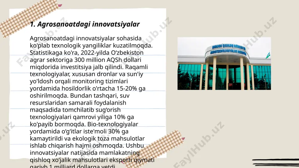 yog'ingarchilik miqdori 100-400 mm ni tashkil qiladi, bu ko'pgina qishloq xo'jaligi ekinlari uchun yetarli emas. shu sababli, sug'orish tizimlari muhim ahamiyatga ega. iqlim o'zgarishi xavfiga qarshi choralar ko'rish zarur bo'lib, hosildorlikni oshirishda yangi landshaft moslamalari zarur. ... t.me/slaydai_bot oʻzbekistonda irrigatsiya tizimlarining rivojlanishi ming yillik tarixga ega. bugungi kunda mamlakat hududida 4,3 million gektar sugʻoriladigan yer mavjud. suv resurslarining 90% qishloq xoʻjaligi uchun ishlatiladi. xxi asr boshidan beri, suv samaradorligini oshirish uchun 300 ming gektar maydonlarda tomchilatib sugʻorish texnologiyalari joriy etilgan. amu-daryo va sirdaryo havzalaridan yillik 55 milliard kubometr suv olinadi. xxi asrning oʻrtalariga kelib, suv ta’minoti muammolari yirik muammo boʻlishi kutilmoqda, bu esa sugʻorish tizimlarini modernizatsiya qilish zaruratini kuchaytiradi. 2025 yilgacha 1,5 million gektar yangi sugʻoriladigan maydonlar yaratish rejalashtirilgan. ... t.me/slaydai_bot 7. sanoatda avtomatlashtirish sanoat avtomatlashtirish zamonaviy texnologiyalar yordamida ishlab chiqarish jarayonlarini optimallashtirish va samaradorlikni oshirishni maqsad qiladi. avtomatlashtirish darajasining o‘sishi natijasida global sanoatda ish o‘rinlarining 10% dan 20% gacha …