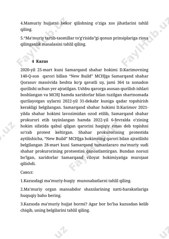 vatan” jamoat birlashmasi ta’sis konferensiyasida mazkur jamoat birlashmasini tashkil etish to‘g‘risida qaror qabul qilindi. jamoat birlashmasi raisi n-viloyatining adliya boshqarmasida davlat roʻyxatidan oʻtkazish uchun hujjatlarni yigʻishni boshladi. yig‘ilgan hujjatlar pochta orqali adliya boshqarmasiga yuborildi. oradan ma’lum vaqt o‘tib adliya boshqarmasidan “vatan” jamoat birlashmasi ta’sischilari haqida ma’lumot yo‘qligi sababli uni davlat ro‘yxatidan o‘tkazish rad etilgani haqida xat kelib tushdi. bundan tashqari, ushbu xabarda ma’lum bo;lishicha, adliya boshqarmasi xodimlari jamoat birlashmasi siyosiy maqsadlarda tashkil etilayotgani haqida shubhalanishgan. jamoat birlashmasining muassislari davlat organining ushbu qaroridan norozi bo‘lib, adliya boshqarmasi xodimlarining ushbu jamoat birlashmasini ro‘yxatdan o‘tkazishni rad etish qonunga xilof deb hisoblab, adliya vazirligiga ariza bilan murojaat qilishdi. savollar: 1-savol: mazkur keys yuzasidan maʼmuriy organni to‘g‘ri aniqlang, fikringizni qonun hujjatlari asosida asoslantirib bering. 2-savol: mazkur keys yuzasidan maʼmuriy-huquqiy munosabatni to‘g‘ri aniqlang, fikringizni qonun hujjatlari asosida asoslantirib bering. 3-savol: mazkur keys yuzasidan maʼmuriy aktni to‘g‘ri aniqlang, fikringizni qonun hujjatlari asosida asoslantirib bering. 4-savol: mazkur keysda …