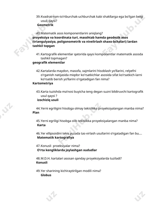 ligonomet-rik va nive-lirlash shaxo-bchalari) 66. kartalardagi voqea va xodisalarni tasvirlashda qo’llaniladigan grafik belgilar nima? kartografik shartli belgi 67. komponentlar ichida qaysi matematik asosda tashkil etmagan? qo’shimcha elementlar 68. matematik asosda tashkil topmagan komponent qaysi? axoli punktlari 69. rasm bo’yicha tasvirlanayotgan obyektlar qaysi belgi? ko’rgazmali belgi 70. areallar usuli nima? areal lotincha ”areal” maydon, fazo, makon bo’shliq degan manolarni anglatadi