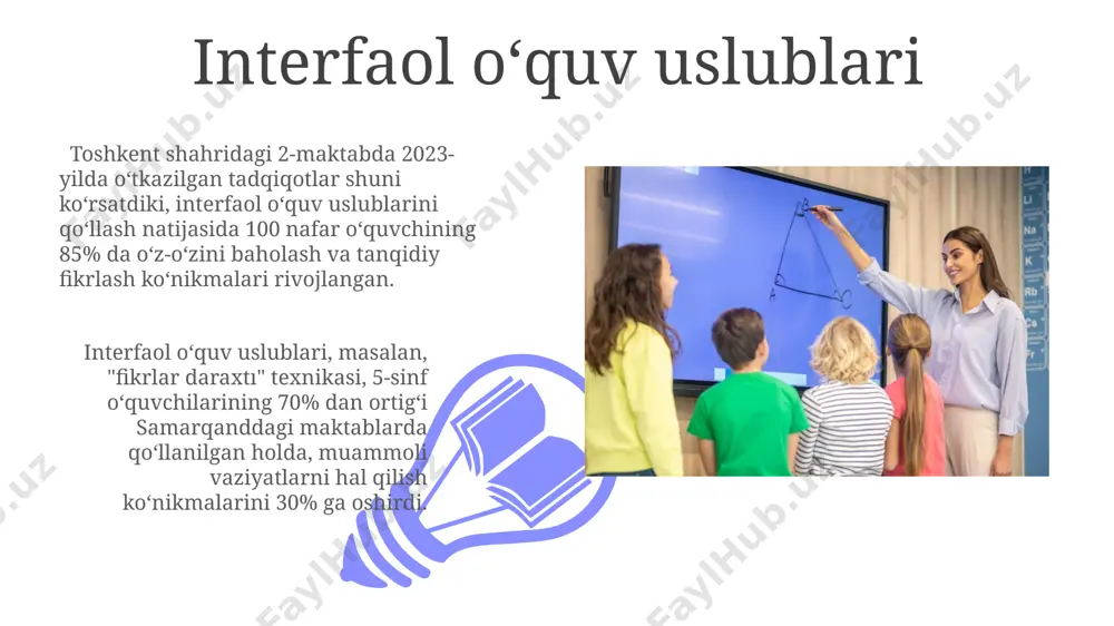 i. ota-onalar bilan 20 dan ortiq oilaviy tadbirlar, jumladan, 5 ta onlayn seminar va 10 ta maktabdagi ochiq darslar tashkil etildi, natijada samarqand viloyatidagi maktab o'quvchilarining o'qishga bo'lgan qiziqishi 15% ga oshdi. oʻqituvchining oʻz ustida ishlashi oʻqituvchi toshkent shahridagi 5-sonli maktabda 10 yildan ortiq tajribaga ega boʻlib, har yili kamida 3 ta yangi oʻquv metodikasi ustida ishlab, ularni amaliyotda qoʻllaydi va natijalarini tahlil qiladi. pedagogik mahoratini oshirish maqsadida oʻqituvchi onlayn platformalardan foydalanib, 20 dan ortiq vebinar va onlayn kurslarni tugatgan boʻlib, ular samarqanddagi innovatsion ta'lim markazi tomonidan oʻtkazilgan. loyihaviy oʻqitish andijon viloyatida qoʻllanilgan loyihaviy oʻqitish natijasida 25 nafar oʻquvchi oʻzlarining ijodkorlik va muammolarni hal qilish qobiliyatlarini 20% ga oshirishdi, bu esa 3 ta turli fan boʻyicha baholarining yaxshilanishiga yordam berdi. loyihaviy oʻqitish uslubi orqali toshkent shahridagi 10-maktabda 4-sinf oʻquvchilari 2 oy davomida 5 ta turli loyiha ustida ishlash orqali jamoaviy ish koʻnikmalarini rivojlantirdilar. oʻquvchilarning ijodiy qobiliyatlarini rivojlantirish 01 02 фарғона …
