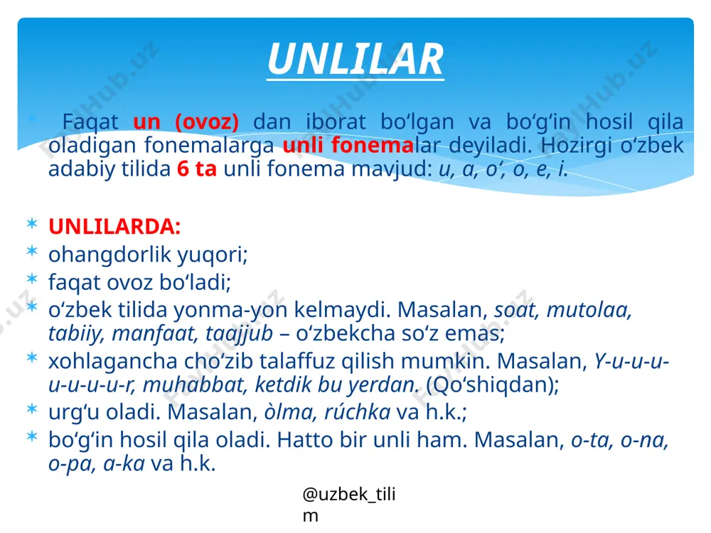 pish, ma’lumot nusxasini ko‘chirib olish. bundan tashqari, xat almashish; muzokara va muloqot olib borish imkoniyati ham mavjud. @uzbek_tilim topshiriq.dialogni o‘qing. internet va uning imkoniyatlari haqida yana qanday qo‘shimcha ma’lumotlar bilasiz? – ha, donoxon, butun dunyo axborot tizimi internetda o‘rgimchak to‘ri kabi bir-biriga bog‘langan. @uzbek_tilim munosabat bildiring. 1. aziz o‘quvchi, shu imkoniyatlardan foydalanganmisiz? 2. internetning yana qanday imkoniyatlari bor deb o‘ylaysiz? @uzbek_tilim qoida tovushlar o‘pkadan chiqayotgan havoning og‘iz bo‘shlig‘ida to‘siqqa uchrashi yoki uchramasligiga ko‘ra ikki xil bo‘ladi: unli tovushlar va undosh tovushlar. o‘pkadan chiqayotgan havo og‘iz bo‘shlig‘ida hech qanday to‘siqqa uchramasa, unli tovushlar hosil bo‘ladi. tilimizda oltita unli tovush bor: a, o, e, o‘, u, i. @uzbek_tilim 49-mashq.maqollarni ko‘chiring, bilinar-bilinmas talaffuz qilinayotgan unlilarga diqqat qiling. har bir maqolni og‘zaki sharhlang. 1. yoshlikda bilgani – toshga yozgani, qarilikda bilgani – muzga yozgani. 2. bilmaslik ayb emas, bilishga tirishmaslik – ayb. 3. dehqon bo‘lsang, shudgor qil, olim bo‘lsang, takror qil. 4. bilimli kishi …