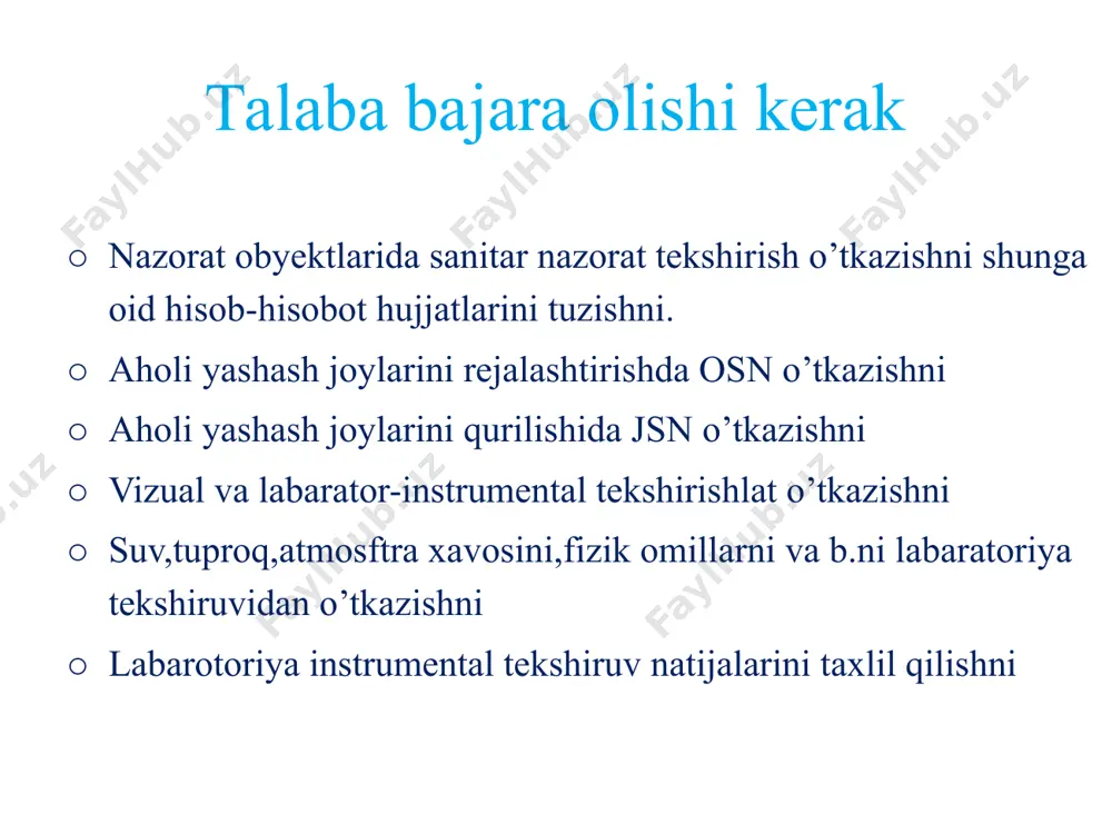 nalizatsiya,qattiq va suyuq chiqindilardan tozalash o’quv mashg’ulotida qo’llaniladigan yangi pedagogik texnologiyalar aholi turar joylarini qurilish tizimlari guruhlashgan erkin qatorma qator perimetral nazorat savollari qishloq axoli punkti seliteb mintaqasi shaxar qurilishida xududini rejalashtirish kommunal-omborxonalar mintaqasi landshaft-rekratsion hududga qo’yiladigan gigiyenik talablar xizmat ko’rsatish korxona va tashkilotlariga nimalar kiradi,ularni axol punkti rejasida joylashishi. adabiyotlar “gigiena” demidenko n.m. taxriri ostida 2002 y “o’zbekiston respublikasida atmosfera xavoni muxofazalash va axoli salomatligi ” sh.t.iskandarova toshkent-2000 y kommunal gigiena amaliy mashg’ulotlar uchun qo’llanma” e.i. goncharuk moskva-1990y - “kommunal gigiena” sh. t.otaboyev, t.i. iskandarov, g.t. iskandarova tosh-2010 y - “inson va biosfera” sh. t.otaboyev, m.nabiyev - “gigiena” pod redaksey g.i. rumyansev. geotar media 2000 “kommunalnaya gigiena” pod redaksey v.t. mazaev geotar media 2005 “kommunalnaya gigiena” pod redaksey e.i. goncharuka kiev 2007 - kommunal gigiena amaliy mashg’ulotlar uchun qo’llanma” t.i.iskandarov tahriri ostida toshkent-2004y qo’shimcha adabiyotlar - ma'ruza matnlari - san pin № 0243- 07 sanitarno'e pravila i normo' ustroystva …