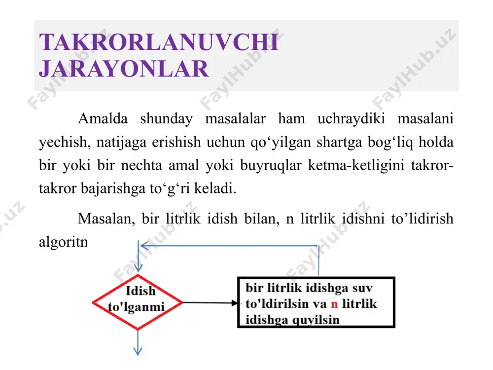 lanish soni aniq, ya’ni birdan dan n gacha deb berilyapti. for takrorlash operatorining sintaksisi quyidagi ko’rinishga ega: for ( ; ; ) bu operator o’z ishini ifodasini bajarishdan boshlaydi. keyin takrorlash qadamlari boshlanadi. har bir qadamda bajariladi, agar natija 0 qiymatidan farqli yoki true bo’lsa, takror­lash tanasi - bajariladi va oxirida bajariladi. agar qiymati 0 (false) bo’lsa, takrorlash jarayoni to’xtaydi va boshqaruv takrorlash operatoridan keyingi operatorga o’tadi. for sikl operatori . shuni qayd qilish kerakki, ifodasi vergul bilan ajratilgan bir nechta ifodalar birlashmasidan iborat bo’lishi mumkin, bu holda oxirgi ifoda qiymati takrorlash sharti hisoblanadi. a = 5; for (int i=0; a++, i ) {operatorlar;} agar shart chin qiymat qabul qilib tursa { } ichidagi operatorlar bajarilaveradi, qachonki shart yolg’on bo‘lgandagina takrorlanish o‘z ish faoliyatini to‘xtatadi. takrorlash strukturasi bir ifoda yoki blokni ma'lum bir shart to‘g'ri (true) bo‘lishi davomida qaytarish imkonini beradi. qaytarilayotgan ifoda shartga ta'sir ko‘rsatishi kerak. ma'lum bir vaqt …