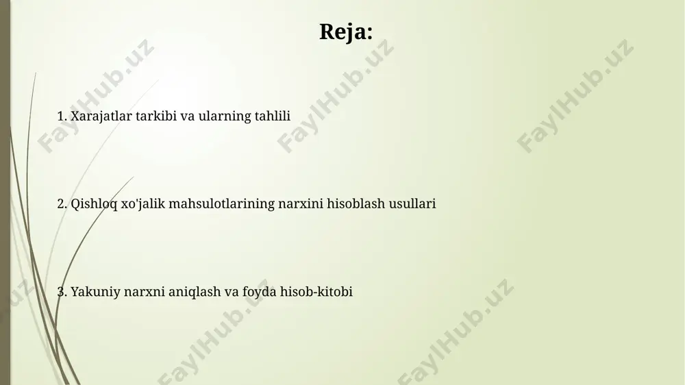 ridagi amortizatsiya xarajatlari kiradi. suv resurslaridan foydalanish uchun 300000 so'm, elektr energiyasi uchun 150000 so'm va ish haqi to'lovlari sifatida 700000 so'm doimiy xarajatlar sifatida samarqand viloyatida joylashgan fermer xo'jaligida hisobga olinadi. xarajatlarni tahlil qilish va optimallashtirish samarqand viloyatida paxta yetishtirishda o'g'it xarajatlarini tahlil qilish shuni ko'rsatdiki, 2022 yilda 1 gektar uchun o'rtacha 500 000 so'm sarflangan bo'lib, bu miqdorni 15% ga kamaytirish mumkin. farg'ona vodiysidagi sabzavotchilik xo'jaliklarida suv resurslaridan foydalanish samaradorligini oshirish orqali 20% gacha suv xarajatlarini tejash va hosildorlikni 10% ga oshirish mumkin. texnika va texnologiya xarajatlarini hisobga olish фермер хонадонларидаги ўртача 10 гектар майдондаги буғдой етиштиришда, техника харажатлари йилига 20 млн сўмни ташкил этиб, бу сумма самарқанд вилоятидаги бошқа фермер хўжаликларига нисбатан 10% юқорироқ. андижондаги помидор етиштиришда, 1 гектар майдон учун ўртача 500000 сўмлик техника ва технология харажатлари бўлиб, бунинг 30% и уруғлик ва ўғитларга, 70% и техника хизматларига сарфланган. umumiy xarajatlarni hisoblash umumiy xarajatlarni hisoblashda, masalan, …