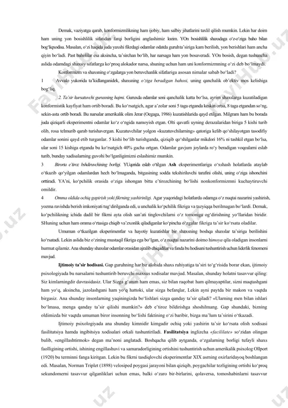 adi. guruhlarda psixologik o‘zaro moslik. guruh hayoti va undagi a’zolarning o‘zlarini yaxshi his qilishlari ko‘p jihatdan ularning hamkorlikda ishlay olishlari va bir-birlariga ijobiy munosabatda bo‘la olishlariga bog‘liq bo‘lib, bu hodisa psixologiyada psixologik moslik tushunchasi bilan tushuntiriladi. psixologik moslik deganda, guruh a’zolari sifatlari va qarashlarining aynanligi emas, balki ular ayrim sifatlarining mos kelishi, qolganlarining kerak bo‘lsa, tafovut qilishi nazarda tutiladi. moslikning mezoni sifatida n.obozov quyidagilarni ajratadi: a) faoliyat natijalari; b) a’zolarning sarflagan kuch-energiyalari; v) faoliyatdan qoniqish. ikki xil o‘zaro moslik farqlanadi: psixofiziologik va ijtimoiy psixologik. psixofiziologik moslikda faoliyat jarayonida odamlarning bir xil va mos tarzda harakat qila olishlari, reaksiyalar mosligi, ish ritmi va tempidagi uyg‘unliklar nazarda tutilsa, ijtimoiy-psixologik moslikda ijtimoiy xulqdagi moslik – ustanovkalar birligi, ehtiyoj va qiziqishlar, qarashlardagi monandlik, yo‘nalishlar birligi nazarda tutiladi. birinchi xil moslik ko‘proq konveyer usulida ishlanadigan sanoat korxonalari xodimlarida samarali bo‘lsa, bu oliygoh o‘qituvchilari, ijodiy kasb egalarida iloji yo‘q va bo‘lishi mumkin ham emas, ularda ko‘proq …
