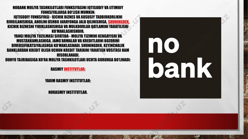 liyati kabi qattiq nazorat qilinmaydi nobank kredit tashkilotlarining aktiv operatsiyalari ularning faoliyati yo‘nalishlariga mos ravishda shakllanadi. masalan: kredit uyushmalari o‘zlariga a’zo bo‘lgaan subyektlarni kreditlash maqsadida tashkil etiladi. shu sababli kredit uyushmalari bitta aktiv operatsiyaga ega.u ham bo‘lsa kredit operatsiyasidir. mikrokredit tashkilotlari aholining iqtisodiy lekin kambag‘al qatlamlariga kredit beradi. mikrokredit tashkilotlarining asosiy aktiv operatsiyasi bu kichik summada, past foiz stavkasida kredit berish operatsiyasidir. faktoring kompaniyasi jo‘natilgan tovarlar va ko‘rsatilgan xizmatlar bo‘yicha debitor qarzdorlarini inkassatsiya qilish bilan shug‘ullanadi. ular tovar hujjatlarini 2 ta shart asosida regress huquqi bilan va regress huquqisiz sotib oladi. tovar hujjatlari regress huquqi bilan sotib olingan to‘lovchi to‘lovga noqobil bo‘lib qolganda faktoring kompaniyasiga to‘lovni mol etkazib beruvchiga undirish huquqi saqlanib qoladi. agar tovar hujjatlari regress huquqisiz sotib olinsa , to‘lov riski to‘liq ya’ni 100 % faktoring kompaniyasining zimmasida qoladi. chunki to‘lovchi to‘lovga noqobil bo‘lib qolganda faktoring kompaniyasi to‘lovni undirish bo‘yicha mol etkazib beruvchiga murojaat qila olmaydi. o‘zbekiston respublikasida …