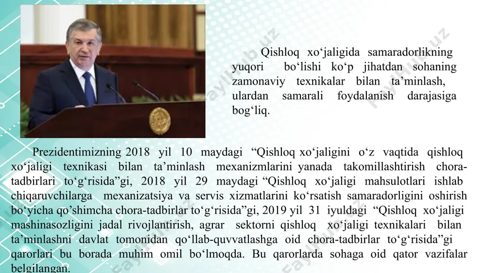 llaev t. qishloq xo‘jaligi mashinalaridan praktikum. toshkent o‘qituvchi. 2010. – 423 b. (darslik) mamatov f.m. qishloq xo‘jalik mashinalari. toshkent. 2012 y. -364 b. internet saytlari www.ziyonet.uz www.referat.uz www.google.com www.agroilm.uz www.dehqon.uz http://www.mcsa.ru 4 mavzuning maqsadi va vazifalari mavzuning maqsadi talabalarda kultivatorlar, vazifasi, ishchi qismlari, tuzilishi va ishga rostlash bo‘yicha yetarlicha tushunchalar berish, ularda kultivatorlar haqida yangi bilimlarni shakllantirishdan iborat . mavzuning vazifalari: - kultivatorlarning turlari, tuzilishi, texnologik ish jarayoni o‘rgatish; - kultivatorlarning ishiga qo‘yiladigan agrotexnik talablarni o‘rgatish; - chopiq kultivatorining tuzilishi, texnologik ish jarayoni o‘rgatish; - chopiq kultivatorining ishiga qo‘yiladigan agrotexnik talablarni o‘rgatish; - kultivator ishchi qismlarining parametrlarini aniqlash bo‘yicha nazariy bilimlarni berish. 1 2 respublikamiz sharoitida yerlarni chigit va boshqa qishloq xo‘jaligi ekinlari urug‘larini ekish uchun tayyorlashda yerlarga yoppasiga ishlov berishda hamda ekinlarning qator orasiga ishlov berishda chizellash keng qo‘llaniladigan muhim agrotexnik tadbir hisoblanadi. kultivatorlar daladan bir o‘tishda tuproqni 10-18 sm ga yumshatadi, uning yuzasini tekislaydi va talab darajasida zichlab …