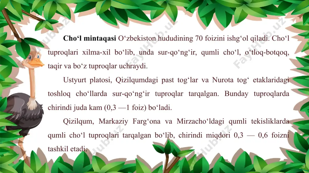 n 1000—1600 m balandliklarda to‘q tusli bo‘z tuproqlar tarqalgan bo‘lib, tarkibidagi chirindi miqdori 3—4 foizga boradi, ko‘pincha bahorikor ekinlar ekiladi. adir mintaqasida cho‘lga nisbatan o‘simliklar ko‘proq bo‘lib, bahorda qizil, sariq rangdagi lolalar va chuchmomalar bilan qoplanadi. shuningdek, qo‘ng‘irbosh, rang, sasir, yantoq, kavrak va gulxayrilar o‘sadi. adirlarda zirk, na’matak, do‘lana kabi buta va chinor, terak, qayrag‘och kabi daraxtlar o‘sadi. * tog‘ mintaqasi. okean sathidan 1000 — 1200 m dan 2700 — 2800 m gacha bo‘lgan balandlikdagi joylarni o‘z ichiga oladi. tog‘larda tog‘-qo‘ng‘ir va tog‘-jigarrang tuproqlari tarkib topgan bo‘lib, tarkibida chirindi miqdori 4—6 foizgacha yetadi. tog‘ mintaqasining daryo vodiylari va qayirlarida o‘tloq, botqoq-o‘tloq tuproqlari uchraydi. tog‘larda betaga, rovoch, tog‘ yalpizi kabi o‘tlar, na’matak, zirk, dukcho‘p va irg‘ay kabi butalar o‘sadi. tog‘da bodom, pista, do‘lana, o‘rik, olma, olcha, nok, xandon pista kabi mevali daraxtlar ham uchraydi. tog‘ mintaqasining 1400 m dan 2500 m gacha bo‘lgan balandliklarida archa, yong‘oq, turkiston qayini, teraklardan tashkil topgan …