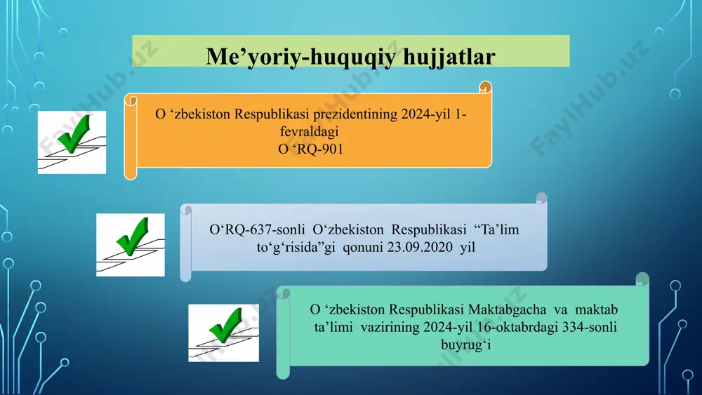 nikmalar): yosh o‘qituvchilarning liderlik, muloqot, stressga bardosh berish kabi yumshoq ko‘nikmalarini rivojlantirish bo‘yicha treninglar tashkil qilish. o‘zini rivojlantirishga yo‘naltirilgan dasturlar: ular uchun psixologik yordam, stressni boshqarish, va o‘zini anglash mashg‘ulotlari tashkil etish. jamoaviy hamkorlik va feedback tizimi jamoaviy ishlash: maktab jamoasi orasida o‘zaro yordam va hamkorlikni rivojlantirish. yosh o‘qituvchilar katta tajribaga ega hamkasblari bilan birgalikda darslar tashkil qilishlari, o‘zaro hamkorlikda loyihalar yaratishlari mumkin. feedback tizimi: yosh mutaxassislarning darslarini muntazam kuzatish va ular bilan konstruktiv mulohazalar almashish, ularning o‘z ishini yaxshilash uchun aniq tavsiyalar berish tizimini joriy qilish. ta'lim muassasasi bilan kuchli aloqalar o‘rnatish oila va maktab hamkorligi: yosh o‘qituvchilar ota-onalar bilan yaqindan ishlash ko‘nikmalarini rivojlantirishlari uchun ota-onalar bilan uchrashuvlar, seminarlar tashkil qilish. takliflar chora- tadbirlar. № muammo muammoni yechimini amalga oshirish mexanizmi mas’ul muddat natija 1 tajribaning yo‘qligi: yosh mutaxassislar ko‘pincha amaliy tajribaga ega emasliklari sababli o‘z bilimlarini real hayotda qo‘llashda qiyinchiliklarga duch kelishadi. yosh mutaxassislarga ish jarayonida ko‘mak berish …