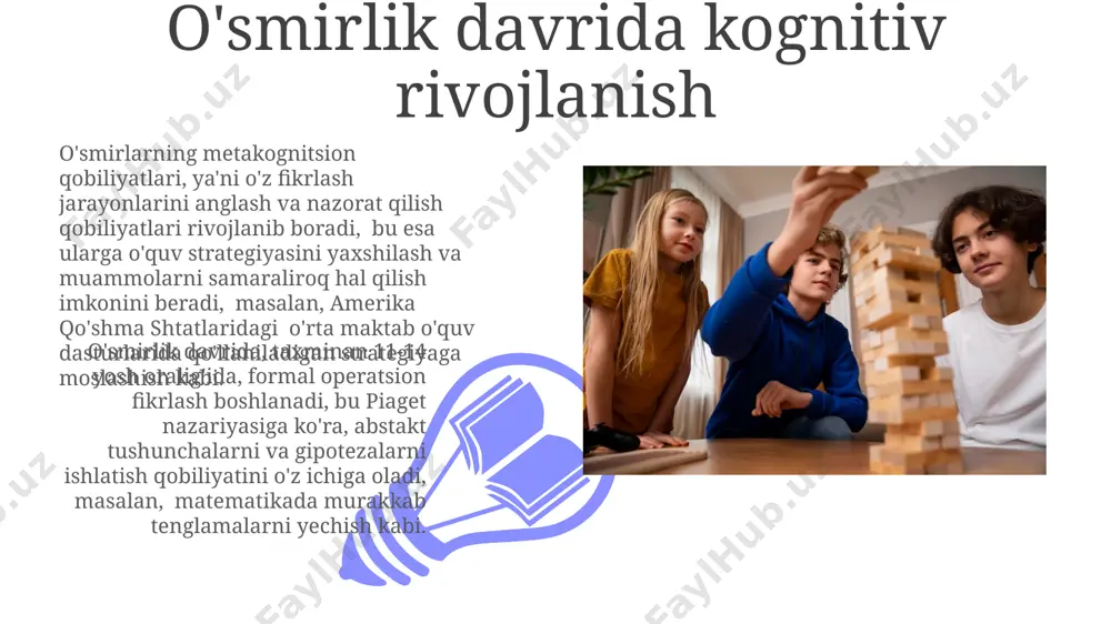 (13-19 yosh) oilaviy munosabatlarning 70%i, ayniqsa, toshkent kabi yirik shaharlarda, ota-onalar bilan qarama-qarshiliklar va mustaqillik istagi bilan tavsiflanadi. o'smirlik davrida axloqiy rivojlanish adolat tuygʻusining rivojlanishi oʻsmirlik davrida muhim ahamiyat kasb etadi, masalan, 15 yoshli yigitning samarqanddagi voqeaga boʻlgan munosabati uning axloqiy qarashlarini aniqlashda muhim rol oʻynaydi. oʻsmirlik davrida (12-18 yosh) axloqiy rivojlanishda, individualizm kuchayib, oʻz qarashlarini shakllantirishga uringan yoshlar, koʻpincha gʻarb madaniyatining taʼsiri ostida, anʼanaviy qadriyatlarga nisbatan tanqidiy munosabatda boʻlishlari mumkin. e'tiboringiz uchun rahmat @taqdimot_robot image4.jpg image5.jpg image6.jpg image7.jpg image8.jpg image9.jpg image10.jpg image11.jpg image12.jpg image1.jpeg image2.jpeg image3.jpeg