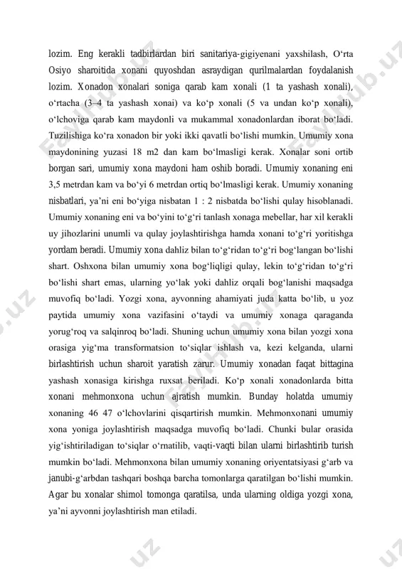 hxonalar nafaqat ovqat tayyorlash, balki yemakxona vazifasini bajarishi ham loyihalash amaliyotida oshxona-yemakxona atamasining kelib chiqishiga sabab bo„lgan. stol va stullarni yoki xontaxtani joylashtinrish katta bo„lmagan oshxona maydonini kengaytirishga olib keldi. oshxona-yemakxonasi bor umumiy xonadan faqat dam olish va bayram kunlarida foydalaniladi. oshxonalarni jihozlash uchun, avvalo, gaz yoki elektr asboblari, mahsulotlarni tayyorlaydigan stol, sovutkich, idish-tovoqlar uchun va quruq oziqovqatlar uchun shkaflar joylashtirilishi kerak. nazorat savollari: 1. xajmiy rejalash deganda nimani tushunasiz? 2. binoni iqtisodiy baxolash qanday amalga oshiriladi? 3. bino tarkibiy qismlarini aytib bering. uyga vazifa:jamoat binolari xaqida yangi malumotlar toppish. foydalanilgan adabiyotlar: 1. a. s. uralov t. f. kushmanov “binolar tipologiyasi” o‟quv qo‟llanma. 2. n.j. to„ychiyev “bino va inshootlar konstruksiyasi”darslik. 3. “bino va inshootlar tipologiyasi” fanidan ma‟ruzalar matni. 4. и.а.синянский н.и.манешина “типология зданий” учебник. internet saytlar: ziyonet.uz arxitektura.uz arxiv.uz binolar.uz -ilova o`quv mashg`ulotida o`quv ishlarni baholash mezoni va ko`rsatkichlari -ilova tezkor-so`rov savollari savollarga javob beradi va misol keltiradi 5 savollarga …