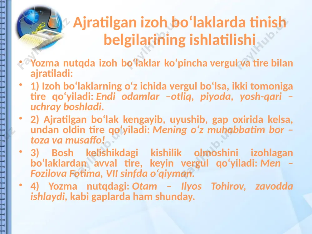 ildi. buning natijasida u bo’lak avvalgi holatdagiga nisbatan (mehribon ona) kuchaygan ayrimlik va mustaqillikka (nisbiy mustaqillikka) ega bo’ldi: mehribon ona birikmasida birinchi so’z ikkinchi (bosh — hokim) so’zga tobe, qaram, u bilan zich bog’-langan: onam, mehribonim konstruktsiyasida esa keyingi so’zning o’zi ayrim tasdiqni bildirish darajasiga borib qolgan. chog’ish-tiring: mehribon onam keldi — onam, mehribonim, keldi.— onam keldi, u mehribon. demak, bu aniqlovchi predikativlik elementi-ga — yarim predikativlikka ega. aniqlovchining ajratilishy fikrni emoshyunallik bilan, ifodali, ta’sirli qilib berishga xizmat qiladi. yuqoridagi tipda ayrimlikka ega bo’lgan ikkinchi darajali bo’laklar gapning ajratilgan bo’laklari sanaladi. anglashiladiki, biror bo’lakni ajratish hodisasi mazmun, grammatik (sintaktik) va intonatsion jihatdan o’zgarish hosil qilish bilan bog’langan. demak, bunday vaqtlarda gapning struk-turasida ham o’zgarish bo’ladi. yana quyidagi misollarni chog’ishtiraylik: erkin ukam inje-ner bo’ldi.— erkin, ukam, injener bo’ldi. birinchi gapda erkin so’zi ukam so’ziga odatdagi aniqlovchi (keng ma’noda) bo’lib kelgan: q a y s i ukam?— erkin ukam (so’zlovchining bir necha …