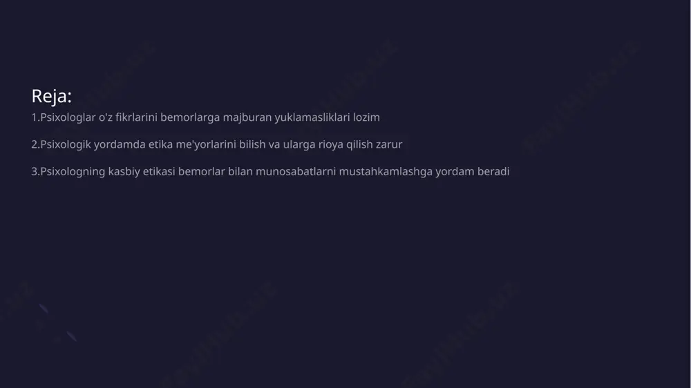 ikatsiya uchun asos bo'ladi. bu, bemorlarni tushunish va ularning ehtiyojlarini hisobga olishda muhim ahamiyatga ega. • professional rivojlanish - kasbiy etika psixologlarning bilim va ko'nikmalarini oshirishga yordam beradi. bu esa bemorlar bilan munosabatlarni yanada mustahkamlashga imkon yaratadi. kasbiy etikada maxfiylikni saqlash psixologik yordamning asosiy tamoyillaridan biridir • maxfiylikning ahamiyati - psixologik yordamda maxfiylik bemor va psixolog o'rtasida ishonchni mustahkamlash uchun muhimdir • maxfiylik va qonunchilik - psixologlar bemorlar haqidagi axborotni maxfiy saqlashga va bu boradagi qonunlarga rioya etishlari shart psixologlar o'z bilimlarini doimiy ravishda yangilab borishlari kerak • o'qish va tadqiqot - psixologlar yangi tadqiqotlar va ilmiy maqolalarni o'qish orqali o'z bilimlarini kengaytirishlari zarur • amaliy tajriba - ular amaliy tajribalarini oshirish uchun malaka oshirish dasturlarida ishtirok etishlari muhim • texnologiya yutuqlari - zamon talablariga javob berish uchun psixologlar yangi texnologiyalardan foydalanish bo'yicha bilimlarini yangilab turishlari kerak • sosial tarmoq va aloqa - psixologlar boshqa mutaxassislar bilan aloqalarni mustahkamlash orqali …