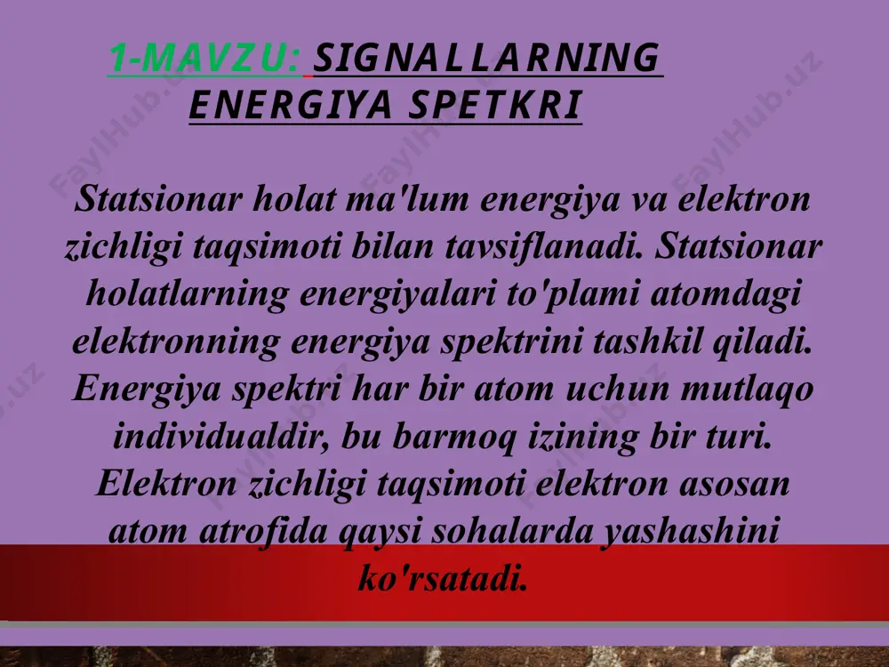 larning ijobiy qiymatlari oralig'ida ham belgilanadi, bu esa matematik operatsiyalar uchun kerak bo'lganda intervalni nol qiymatlar bilan kengaytirish imkonini beradi. hisob-kitoblarning ushbu chegaralarida signalning nusxasini argument o'qi bo'ylab chapga o'tkazish qulayroqdir, ya'ni. (2.4.1) ifodada s (t-t) funksiyasining qo‘llanilishi: b s (t) = s (t) s (t-t) dt. (2.4.1 ") cheklangan signallar uchun t siljishining qiymati ortishi bilan signalning uning nusxasi bilan vaqtinchalik qoplanishi kamayadi va shunga mos ravishda o'zaro ta'sir burchagi kosinusu va umuman skalyar mahsulot nolga moyil bo'ladi: 3-mavzu: kotelnikov teoremasi kotelikov teoremasi ga koʻra uzluksiz analog signalni uzatish talab qilinsa signalning barcha qismini uzatish shart emas balki ma'lum vaqt oralig'idagi tasodifiy qiymatlarini uzatish kifoyadir.qabul qiluvchi qism mana shu oniy qismlar bo'yicha birlamchi analog signalni qayta tiklab oladi. hozirgi kunda bu teorema raqamli signallarni uzatishda keng qoʻllanilmoqda. 4-mavzu: rezistorlar va kondensatorlarni ulash kondensatorlar - elektr energiyasini saqlashga qodir bo'lgan passiv elektron qurilmalar. ular buni elektr maydoni tufayli amalga oshiradilar. …