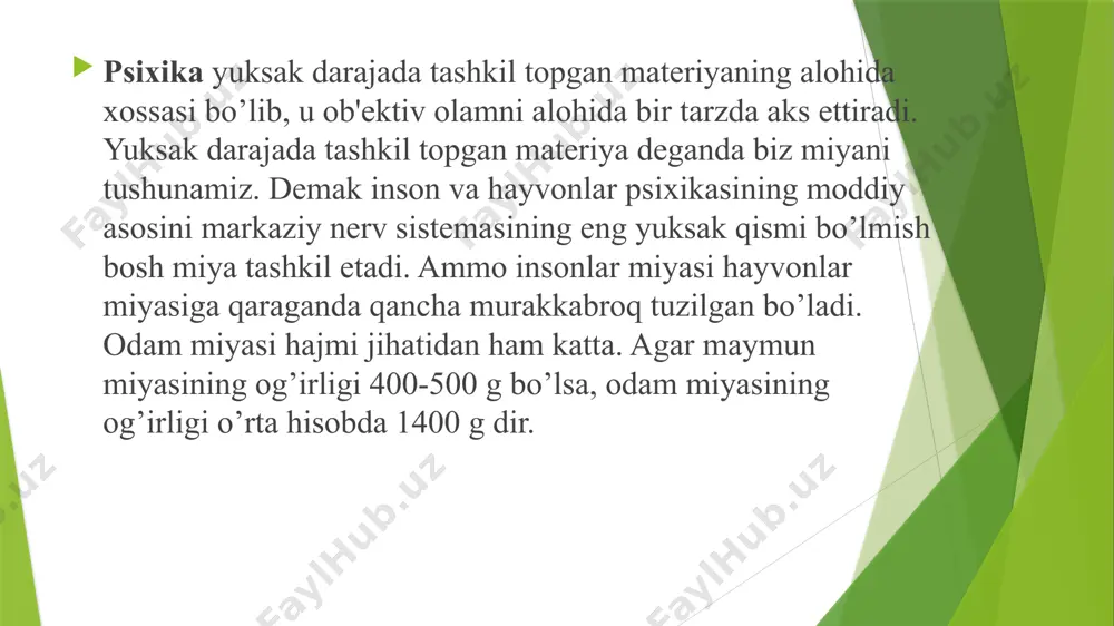 i qo’zg’atuvchini qabul qiluvchi sohasidan iboratdir. i.p.pavlovning birinchi va ikkinchi signal tizimlari to’g’risidagi ta'limoti ilmiy psixologiya uchun katta ahamiyatga egadir. hayvonlar uchun borliq katta yarim sharlaridagi ta'sirlagichlar va ularning izlari bilan signallashib ular organizmning ko’rish, eshitish reseptorlariga bevosita kelib turadi. bu birinchi signallar tizimi bo’lib, odam va hayvonlarda umumiydir. so’zlar ikkinchi, maxsus insoniy signal tizimini tashkil etadi. so’zlar narsa va hodisalardan kelayotgan signallarning o’rnini egallagani uchun i.p.pavlov tomonidan "signallar signali" deb nomlangan. ikkinchi signal tizimining faoliyati birinchi signal tizimidan ajralmagan holda bevosita bog’liq tarzda boradi. ikkinchi signallar tizimi tafakkur va nutqning fiziologik asosi hisoblanadi. inson miyasining funksional tuzilishini a.r.luriya 3 ta blokka ajratadi: 1-blok - energetik blok, u miya po’stloq qismining normal ishlash tonusini ta'minlaydi. miya po’stining yuqoridagi qismida joylashgan. 2-blok - axborotlarni qabul qilish, qayta ishlash va saqlash bloki (ikkala yarim sharlarning orqa qismiga tepa chakka va ensa qismlariga joylashgan). 3-blok - faoliyatni dasturlashtirish, boshqarish va nazorat qilishni ta'minlaydi …