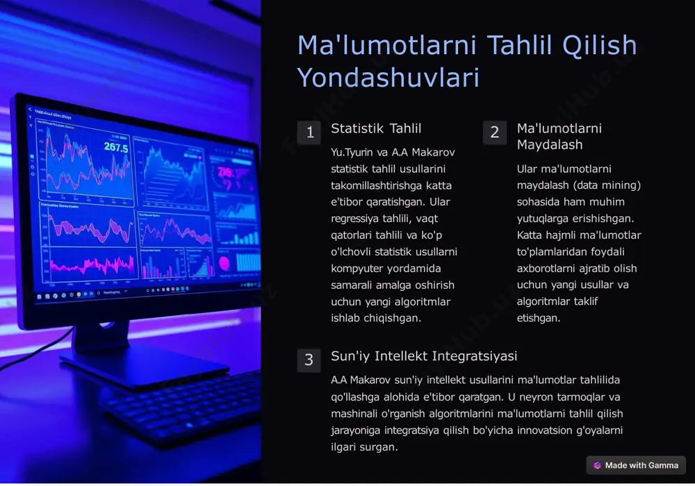 ilgan reallik tahlili ma'lumotlarni vizuallashtirish usullari kengaytirilgan va virtual reallik texnologiyalari bilan birlashtirilishi mumkin. bu esa ma'lumotlar bilan yanada interaktiv va immersiv tarzda ishlash imkonini beradi. biologik ma'lumotlar tahlili ularning usullari biologik tizimlarni o'rganishda qo'llanilishi mumkin. bu esa genomika, proteomika va metabolomika kabi sohalarda yangi kashfiyotlarga olib kelishi mumkin. xulosa yu.tyurin va a.a. makarovning kompyuter tahliliga oid yondashuvlari zamonaviy psixologik tadqiqotlarda raqamli texnologiyalardan samarali foydalanishga qaratilgan. ular katta hajmdagi ma'lumotlarni qayta ishlash va tahlil qilish imkonini beruvchi kompyuter dasturlari va algoritmlarni ishlab chiqishga e'tibor qaratishgan. ushbu yondashuv, tadqiqot natijalarining aniq va ishonchli bo‘lishini ta'minlab, inson psixikasining turli jihatlarini yanada chuqur o‘rganishga yordam beradi. shuningdek, ularning metodlari eksperimentlarni avtomatlashtirish, ma'lumotlarni tasniflash va statistik tahlil qilish jarayonlarini optimallashtirish imkonini beradi. image1.jpg image2.png image3.jpg image4.jpg image5.png image6.png image7.png image8.jpg image9.png image10.png image11.png image12.png image13.jpg image14.jpg