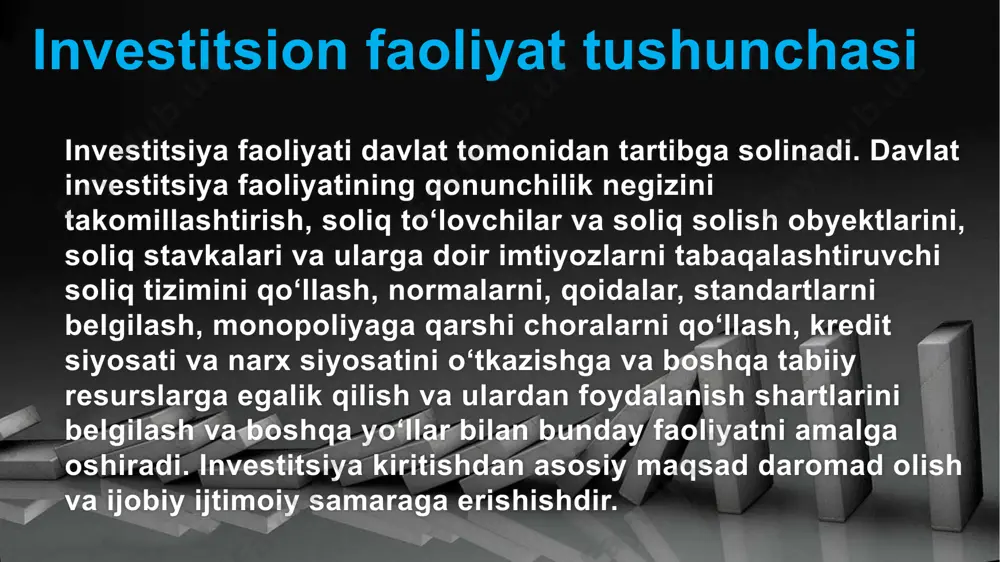 lk egasi bo‘lgan fuqorolar bo‘lishi mumkin. investorlar – foyda olish maqsadida investitsiya faoliyati obyektlariga oʻzining mablagʻlarini va (yoki) qarz mablagʻlarini yoxud jalb qilingan boshqa investitsiya resurslarini investitsiya qilishni amalga oshiruvchi investitsiya faoliyati subyekti; mahalliy investorlar – investitsiya faoliyatini amalga oshiruvchi oʻzbekiston respublikasi fuqarolari, oʻzbekiston respublikasi rezidenti maqomiga ega boʻlgan chet ellik fuqarolar va fuqaroligi boʻlmagan shaxslar, shu jumladan yakka tartibdagi tadbirkorlar, shuningdek oʻzbekiston respublikasining yuridik shaxslari; reinvestitsiya – investorlar tomonidan korxonalar faoliyatidan olingan foydani ishlab chiqarishni rivojlantirish maqsadida uni shu korxonaga qayta kiritishdir. investitsiya resurslari – bu investitsion faoliyati amalga oshirishda ishtirok etadigan har xil ko‘rinishdagi mablag‘lardir. davlat tomonidan investitsion faoliyatini boshqarish bir qator chora-tadbirlarni qo‘llash, ularni hayotga tadbiq etish asosida amalga oshirilishi davr talabidir. bu chora-tadbirlar qo‘yidagilardan iborat bo‘lmog‘i lozim: soliq tizimini qulaylashtirish, ya’ni soliq sub’ektlarini, ob’ektlari va stavkalarini tabaqalashtirish va soliq imtiyozlarini berish; samara keltirmaydigan va boqimandalik holatini yuzaga keltiruvchi soliq imtiyozlaridan voz kechish; amortizatsiya siyosatini amalga oshirish, …