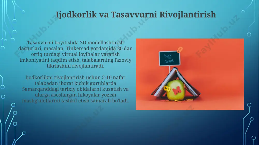 баҳолаш тизими (ўзини баҳолаш, ўқитувчи баҳоси, ота-она фикри) жорий этилиб, 2023 йилда 70% самарадорликка эришилди. тошкент шаҳридаги мактабларда 2022 йилдан бошлаб жорий этилган янги методлар орқали 100 нафар ўқувчининг самардорлигини 2 баллга оширишга муваффақ бўлинди. ko'nikmalarni rivojlantirishga qaratilgan mashg'ulotlar "ko‘nikmalarni rivojlantirishga qaratilgan mashg’ulotlar" dasturiga 2023-yilda buxoro viloyatining 3 ta tumanidagi 150 nafar o‘quvchi jalb qilingan bo‘lib, ularning 85% i o‘zlarining o‘qish tezligini 10% ga oshirishgan. samarqanddagi 5-sinf o‘quvchilari uchun o‘tkazilgan “ko‘nikmalarni rivojlantirishga qaratilgan mashg’ulotlar”da 70% qatnashchilar o‘zlarining muloqot ko‘nikmalarini 2 ballga oshirganliklarini ta’kidlashdi. ma'naviy tarbiya маънавий тарбия жараёнида 5 дан ортиқ ўқувчига мўлжалланган 3 та гуруҳдаги машғулотлар самарадорлиги ўзбекистоннинг турли ҳудудларидаги тажрибалар асосида ўрганилган. самарқанд вилоятидаги 20 та мактабда ўтказилган тадқиқотлар маънавий тарбиянинг шахсга ижобий таъсирини 15% га ошириш учун янги методикаларни жорий этиш муҳимлигини кўрсатди. muloqot ko'nikmalarini oshirish muloqot samaradorligini 20% ga oshirish uchun, o‘quvchilarga 7 ta turli vaziyatlarni modellashtirish va har bir vaziyat uchun 3 ta muloqot strategiyasini …