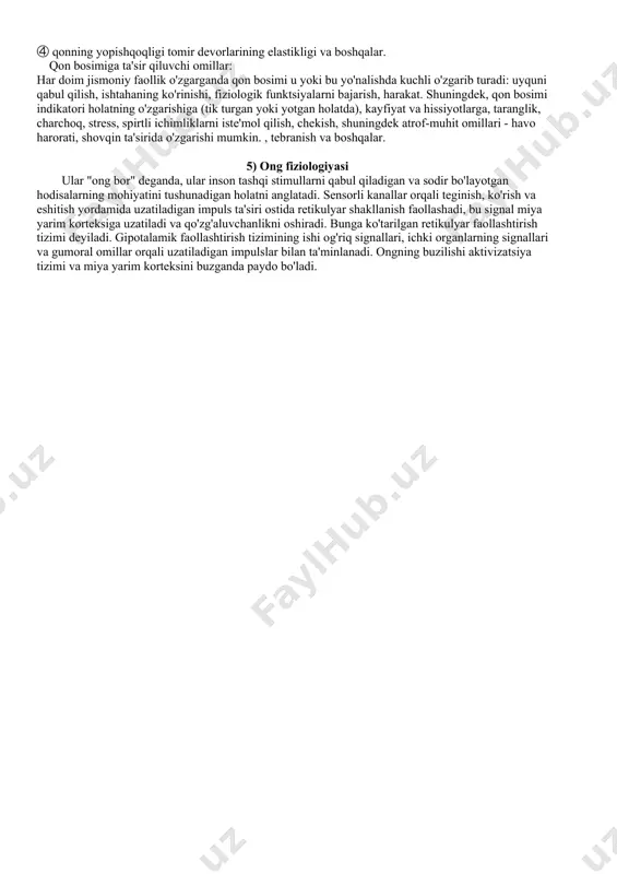 n isitma (sil, sepsis bilan kuzatiladi; kunlik farq 1 ℃ dan yuqori), p. takroriy isitma (bezgakda kuzatiladi, qaytadan isitma; tana harorati navbatma-navbat ko'tariladi, keyin ma'lum vaqt davomida normallashadi). haroratning pasayishi quyidagilarga bo'linadi: a. krizis (tana haroratining ko'tarilishi terlash bilan birga bir necha soat ichida normallashadi) b. lizis (isitma bir necha kun ichida o'tib ketadi, harorat asta-sekin normal holatga keladi). 2) pulsning fiziologiyasi ① agar siz karotid va radial arteriyalarning yuzaki qismiga barmoq uchlari bilan tegizsangiz, ulardagi pulsatsiyani sezishingiz mumkin, bu puls. yurak urishi paytida qon tomirlarga qon tashlanadi, kengaytiruvchi tomirlarning devorlari ularning elastikligi tufayli pulsatsiyalana boshlaydi. puls davriy va yurak qisqarishi bilan bir vaqtda seziladi. karotid va radial arteriyalarda shovqinni tinglash qon tomirlarining kattaligi va kuchlanishiga, qon miqdori va bu tomirlarning devor qalinligiga qarab farqlanadi. bundan tashqari, qarish bilan birga o'rtacha yurak urish tezligining o'zgarishi haqida gapirish kerak. ② yurak urishini kuzatib, quyidagilarni aniqlashingiz mumkin: a. aritmiyalar paydo bo'lganda, yurakning …